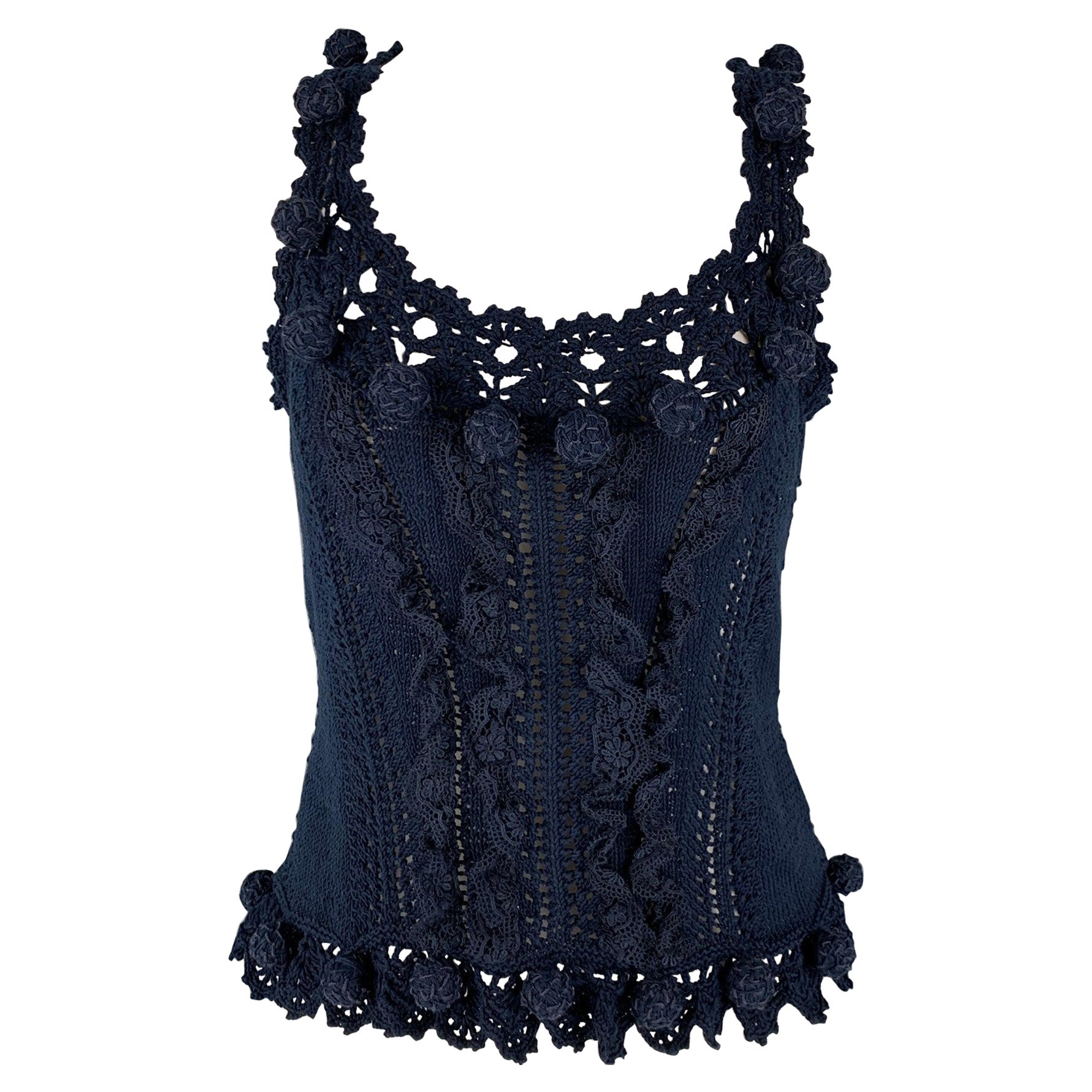 OSCAR DE LA RENTA Size M Navy Cotton Crochet Sleeveless Casual Top