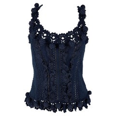 OSCAR DE LA RENTA Size M Navy Cotton Crochet Sleeveless Casual Top