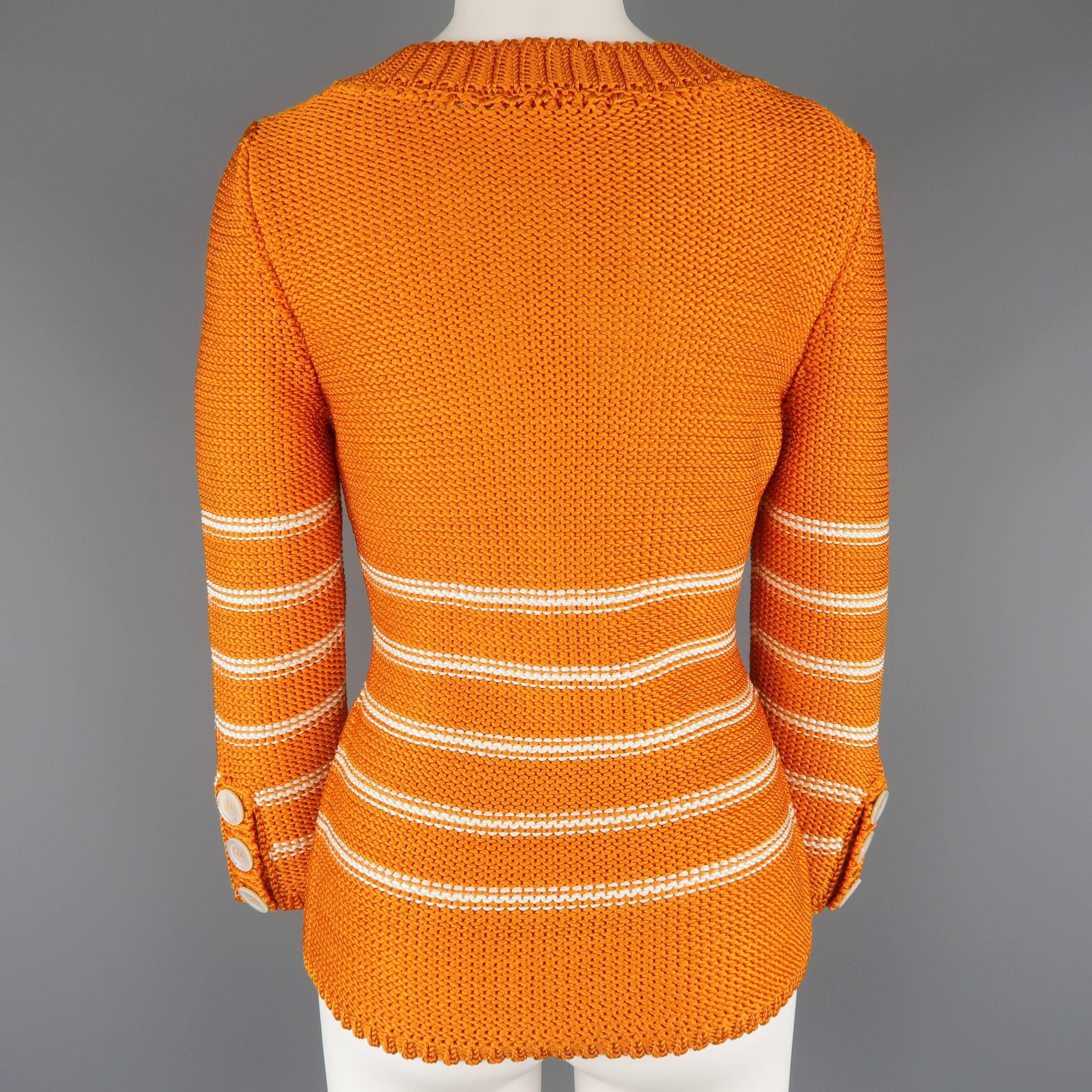 Oscar de la Renta Orange and Cream Striped Silk Knit Pullover 1