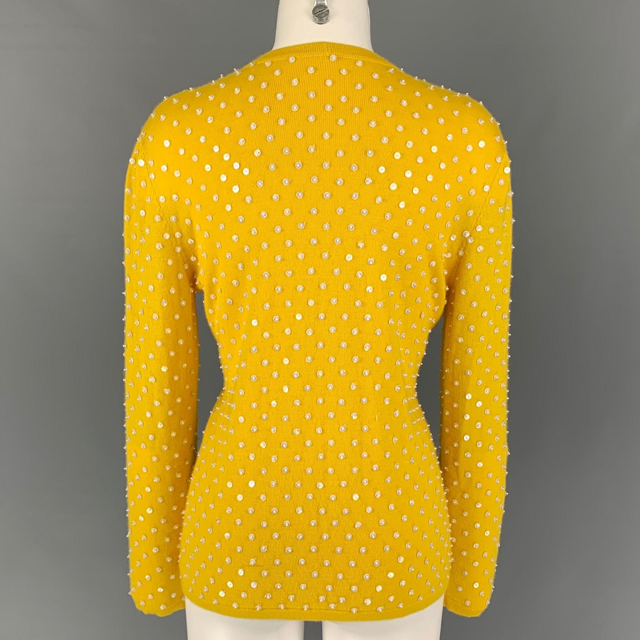 Women's OSCAR DE LA RENTA Size M Yellow Cashmere Beaded Open Front Cardigan For Sale