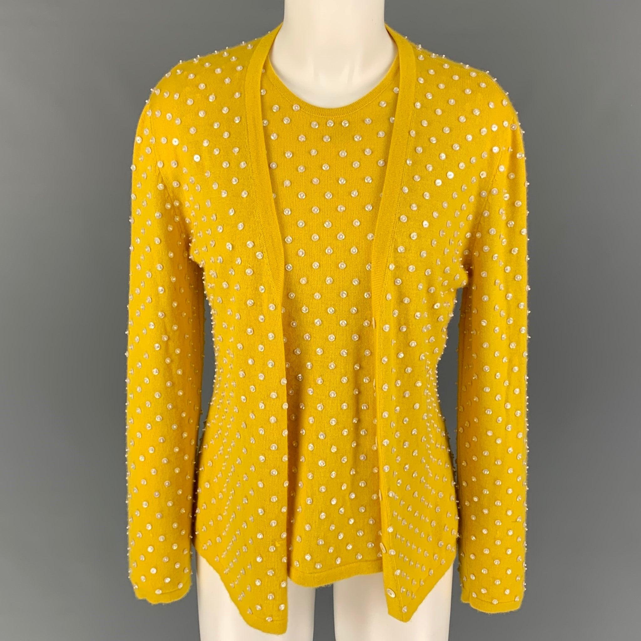 OSCAR DE LA RENTA Size M Yellow Cashmere Beaded Open Front Cardigan For Sale 2