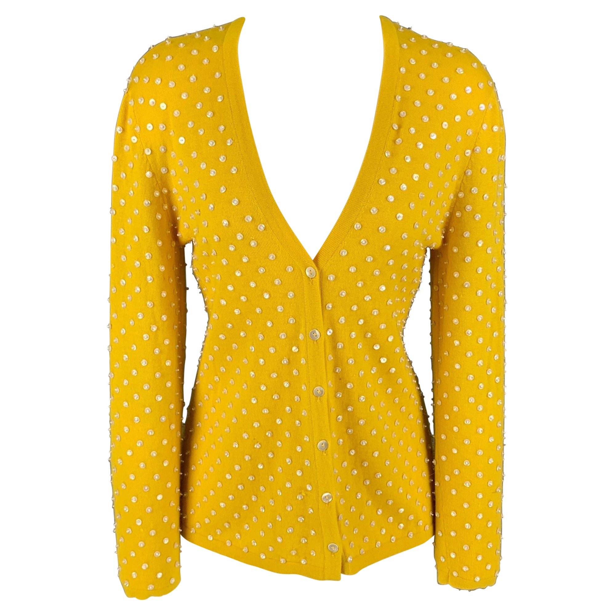 OSCAR DE LA RENTA Cardigan aperto in cashmere giallo con perline, taglia M
