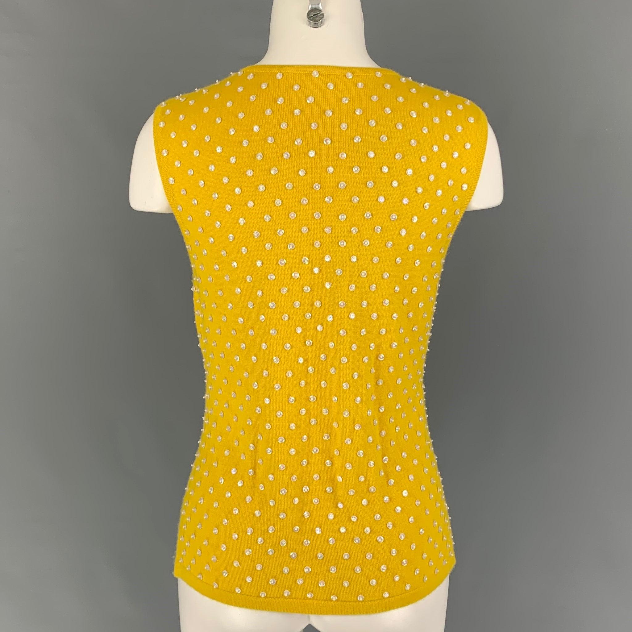 Women's OSCAR DE LA RENTA Size M Yellow Cashmere Beaded Sleeveless Pullover For Sale