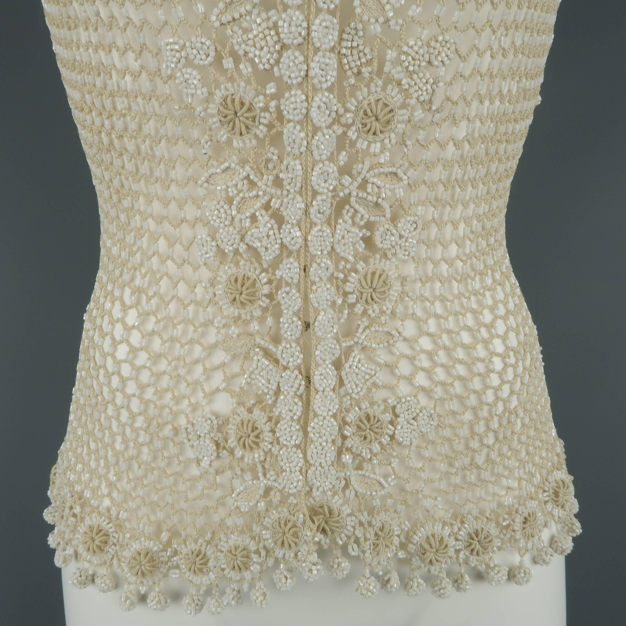 Women's Oscar de la Renta Beige White Beaded Macrame Mesh Knit Vest