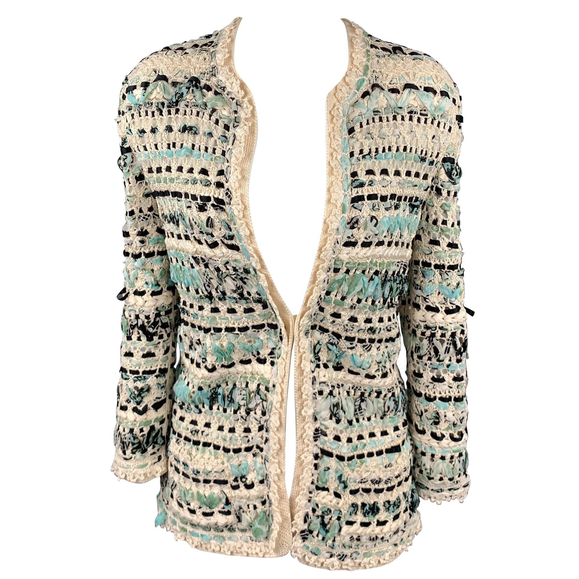 OSCAR DE LA RENTA Size S Cream & Teal Blue Woven Silk Crochet Cardigan Jacket