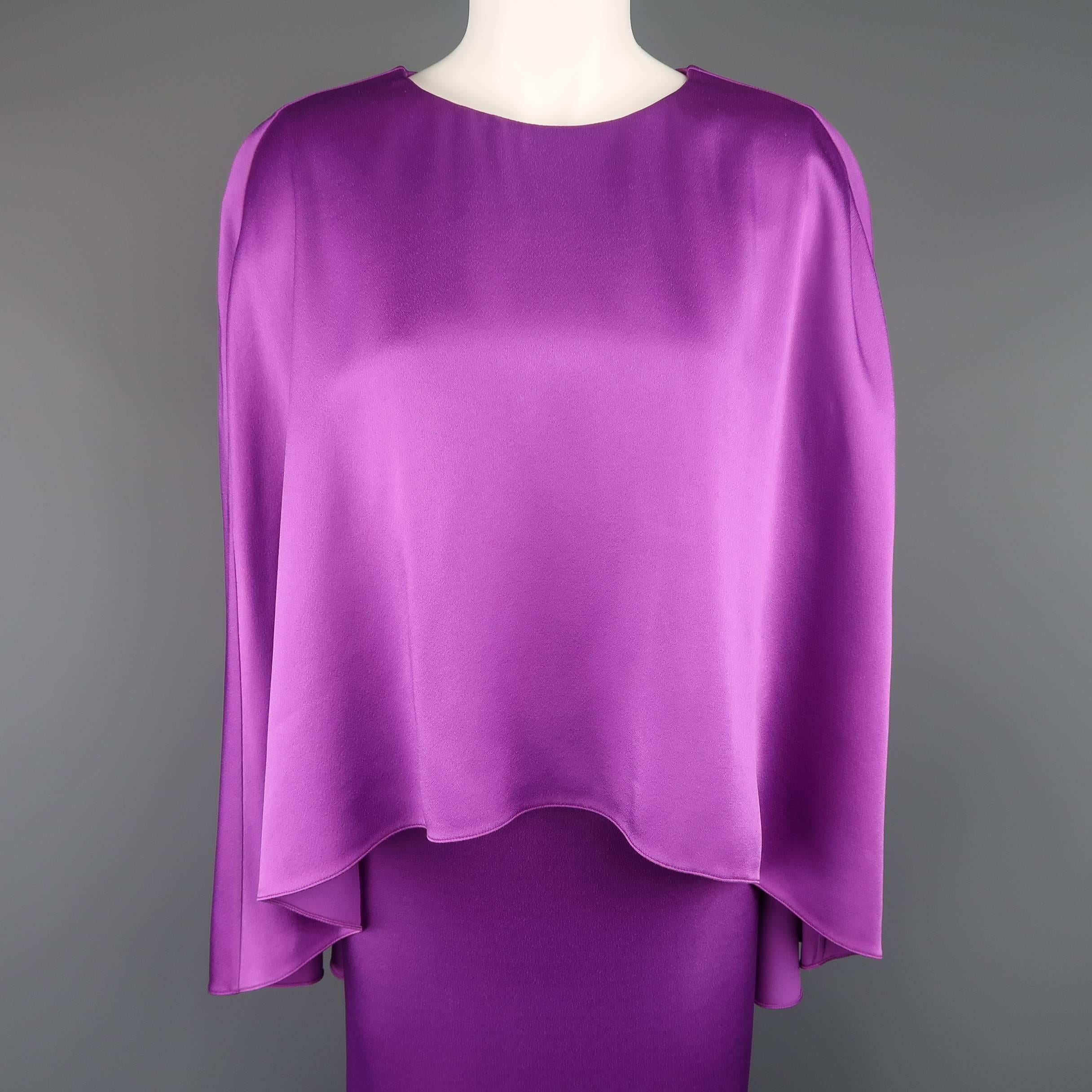 This beautiful OSCAR DE LA RENTA kaftan gown comes in a brilliant orchid purple silk satin with a round neckline, sleeveless shift gown, and cascading cape overlay. Made in USA.
 
Excellent Pre-Owned Condition.
Marked: S
 
Measurements:
 
Shoulder: