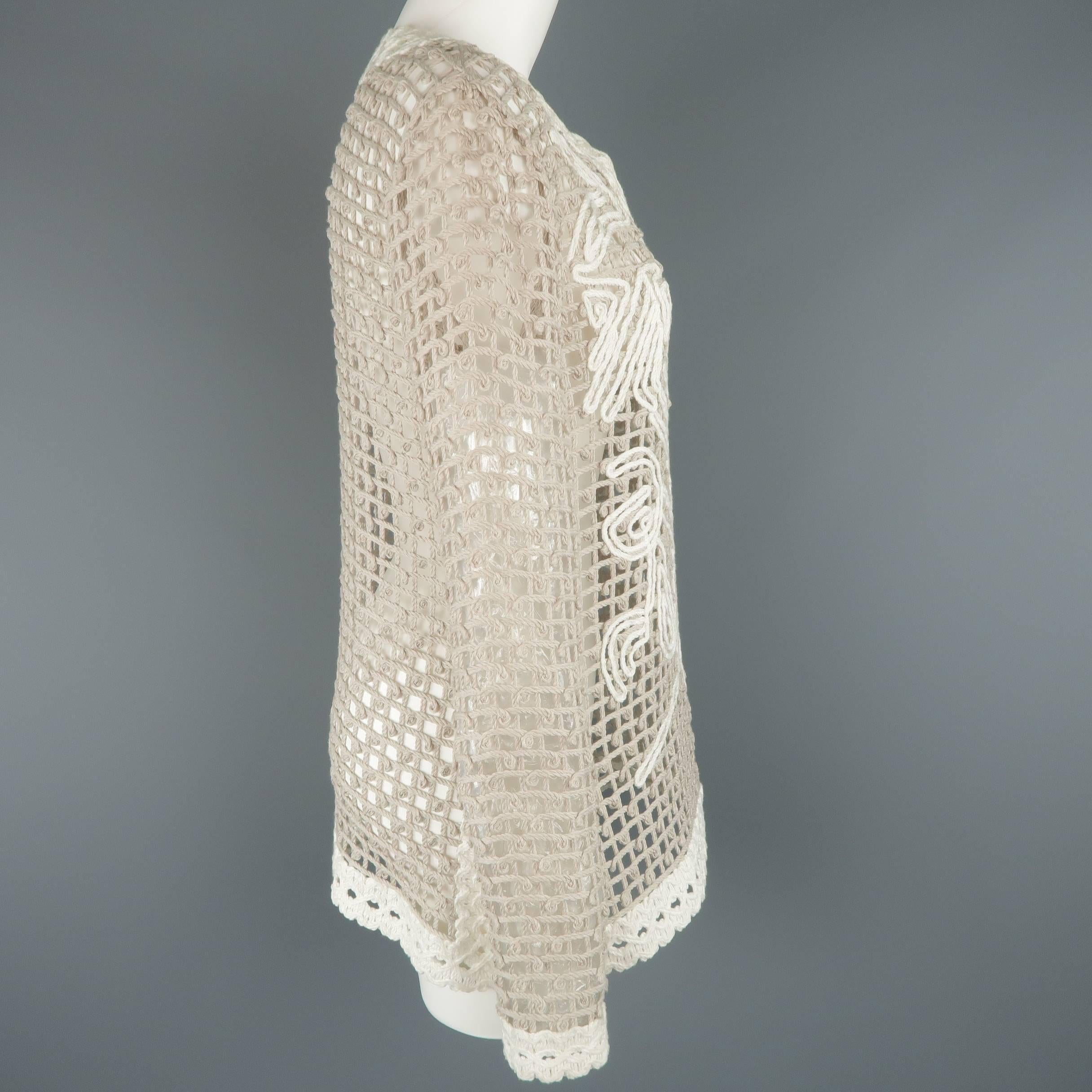 Oscar de la Renta Taupe and Cream Cotton Crochet Knit Tunic Pullover In Excellent Condition In San Francisco, CA