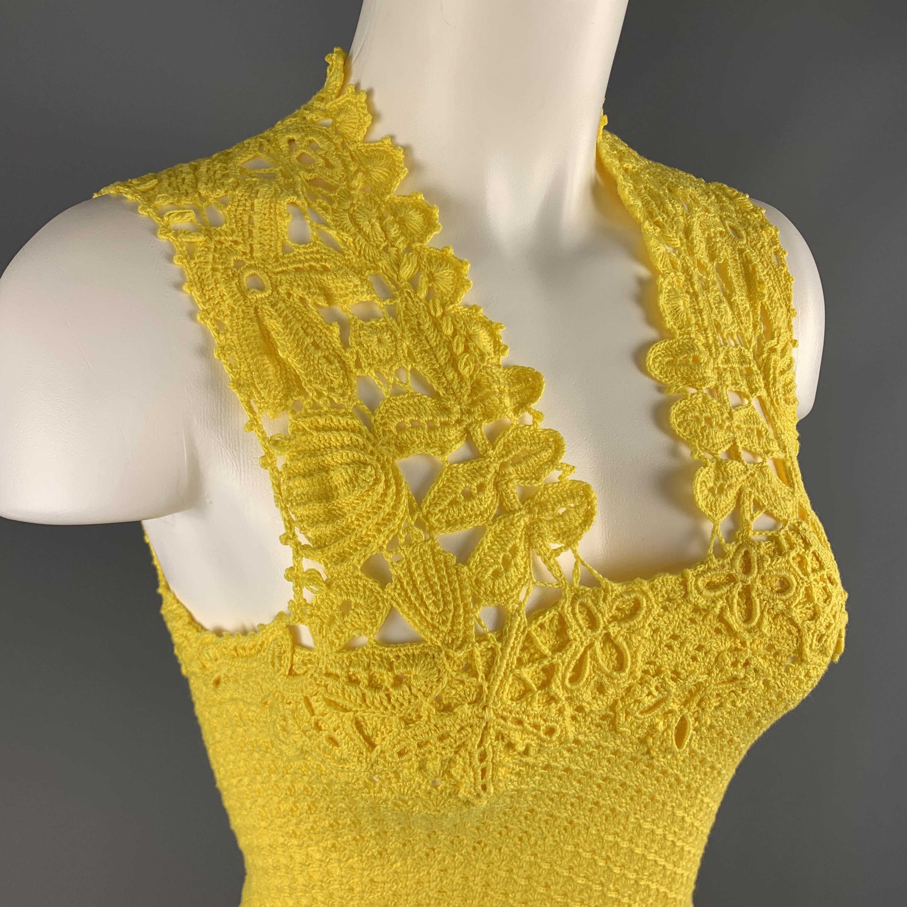 Women's OSCAR DE LA RENTA Size XS Yellow Cotton Hand Knit Crochet Lace Sleeveless Cockta