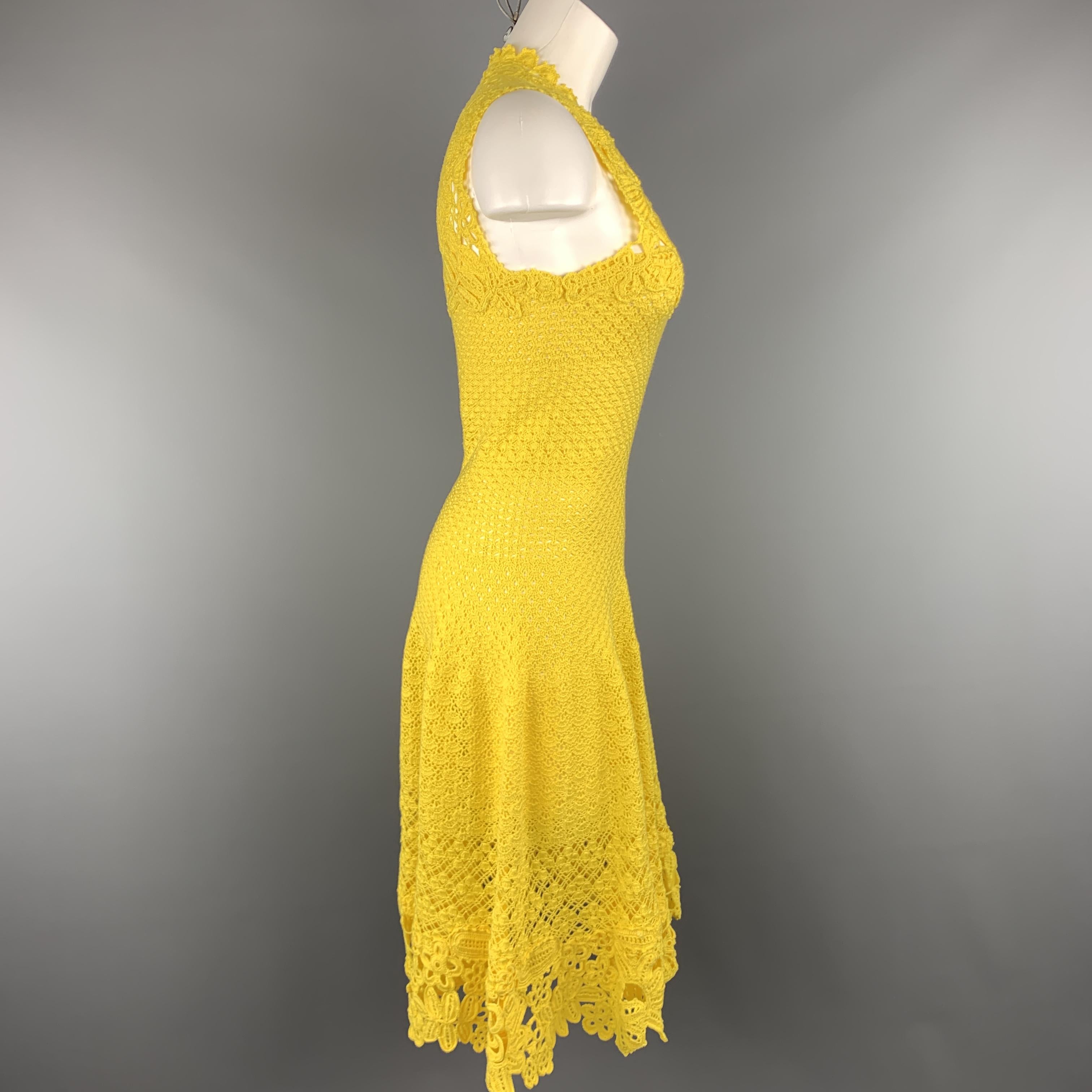 OSCAR DE LA RENTA Size XS Yellow Cotton Hand Knit Crochet Lace Sleeveless Cockta 1