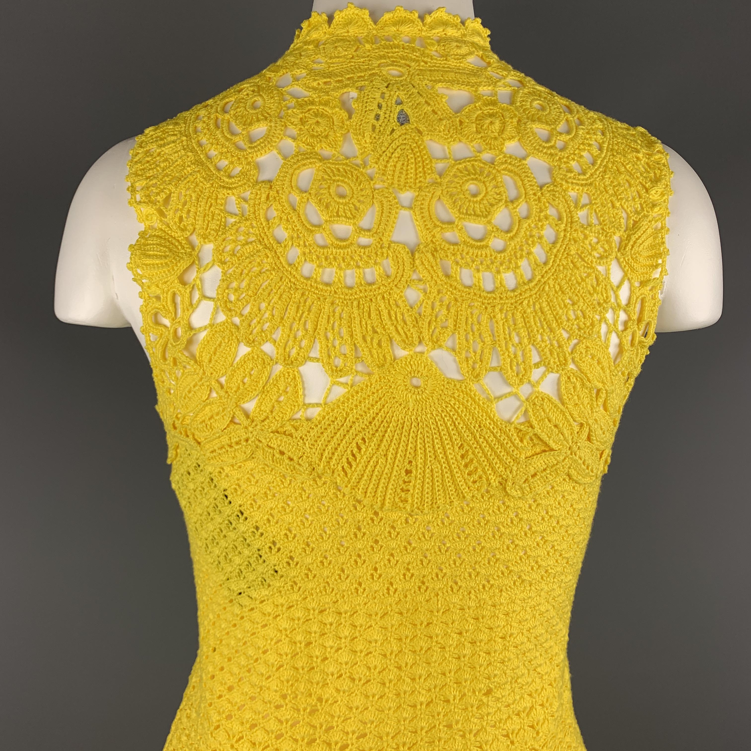 OSCAR DE LA RENTA Size XS Yellow Cotton Hand Knit Crochet Lace Sleeveless Cockta 3