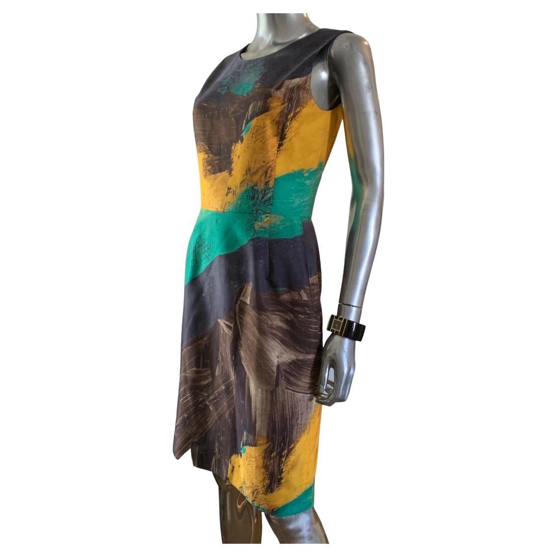 Oscar De La Renta Vestido sin mangas de arte abstracto moderno Italia Talla 2