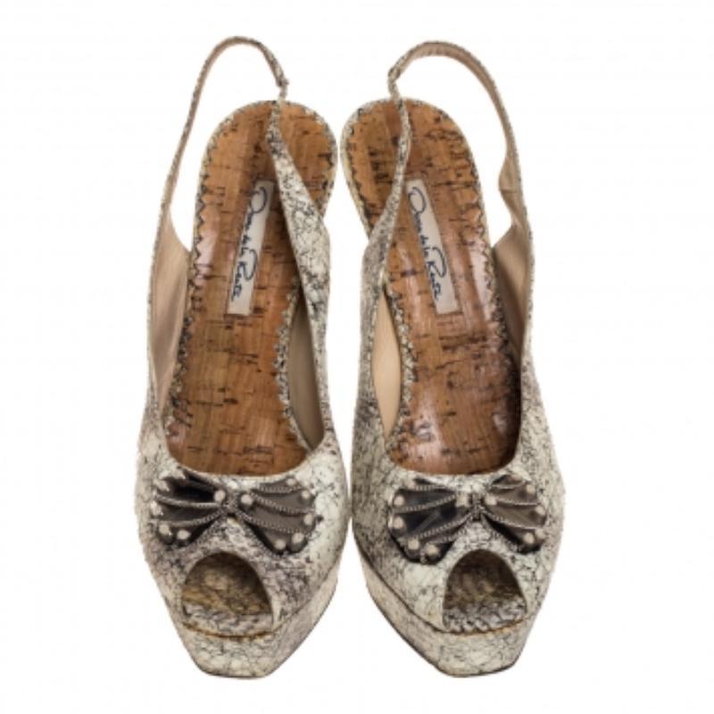 Oscar de la Renta Snake Print Leather Slingback Platform Peep Toe Sandals Size37 For Sale 2