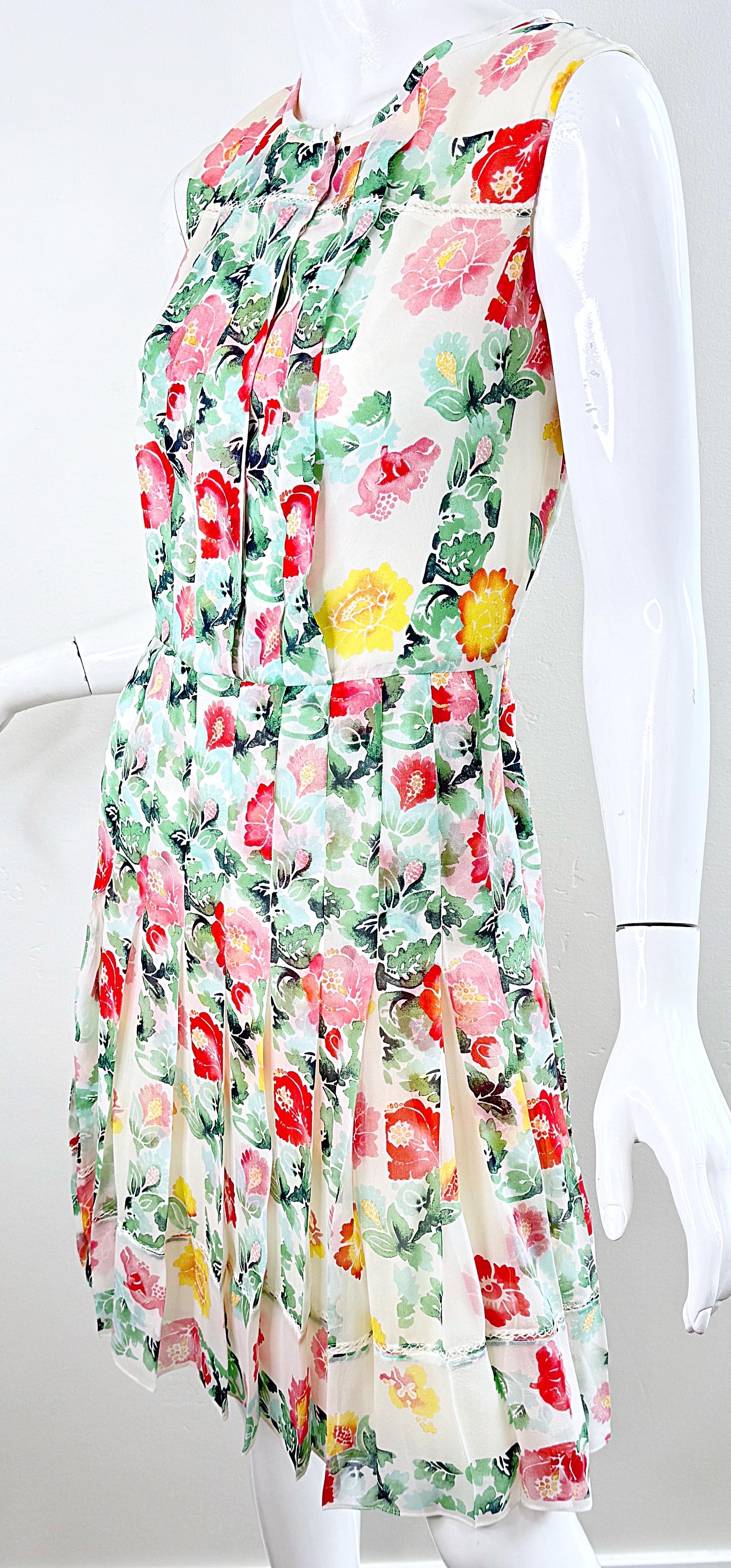 Women's Oscar de la Renta Spring 2011 Runway Size 8 Silk Watercolor Peony Floral Dress For Sale