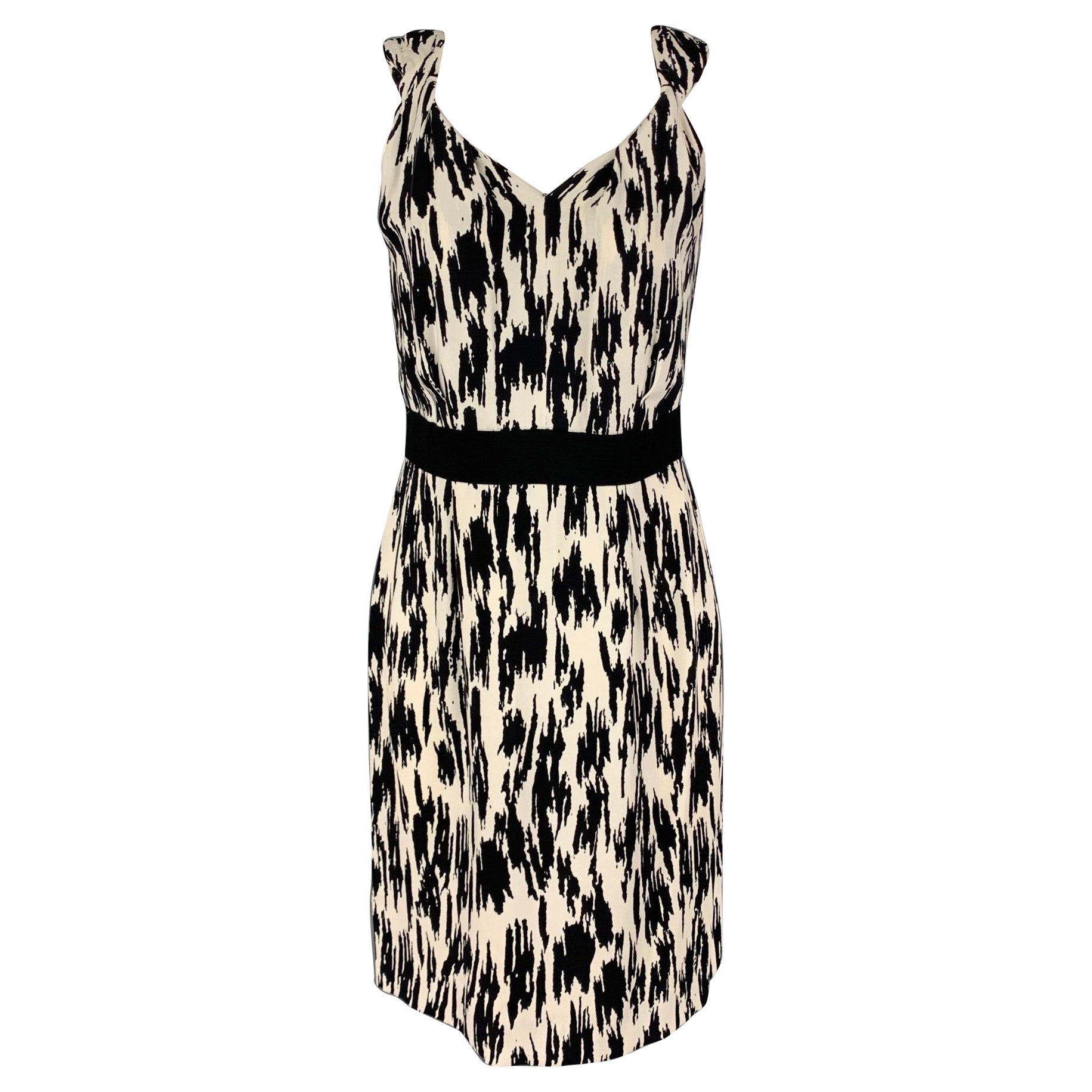 OSCAR DE LA RENTA SS 11 Taille 10 Robe fourreau sans manches imprimée en soie noire et blanche