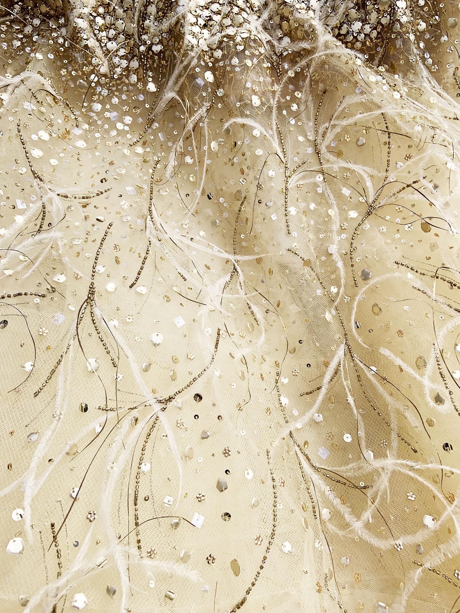 Oscar De La Renta SS 2015 Runway Tulle Feather Sequin Champagne Dress Gown US 10 1