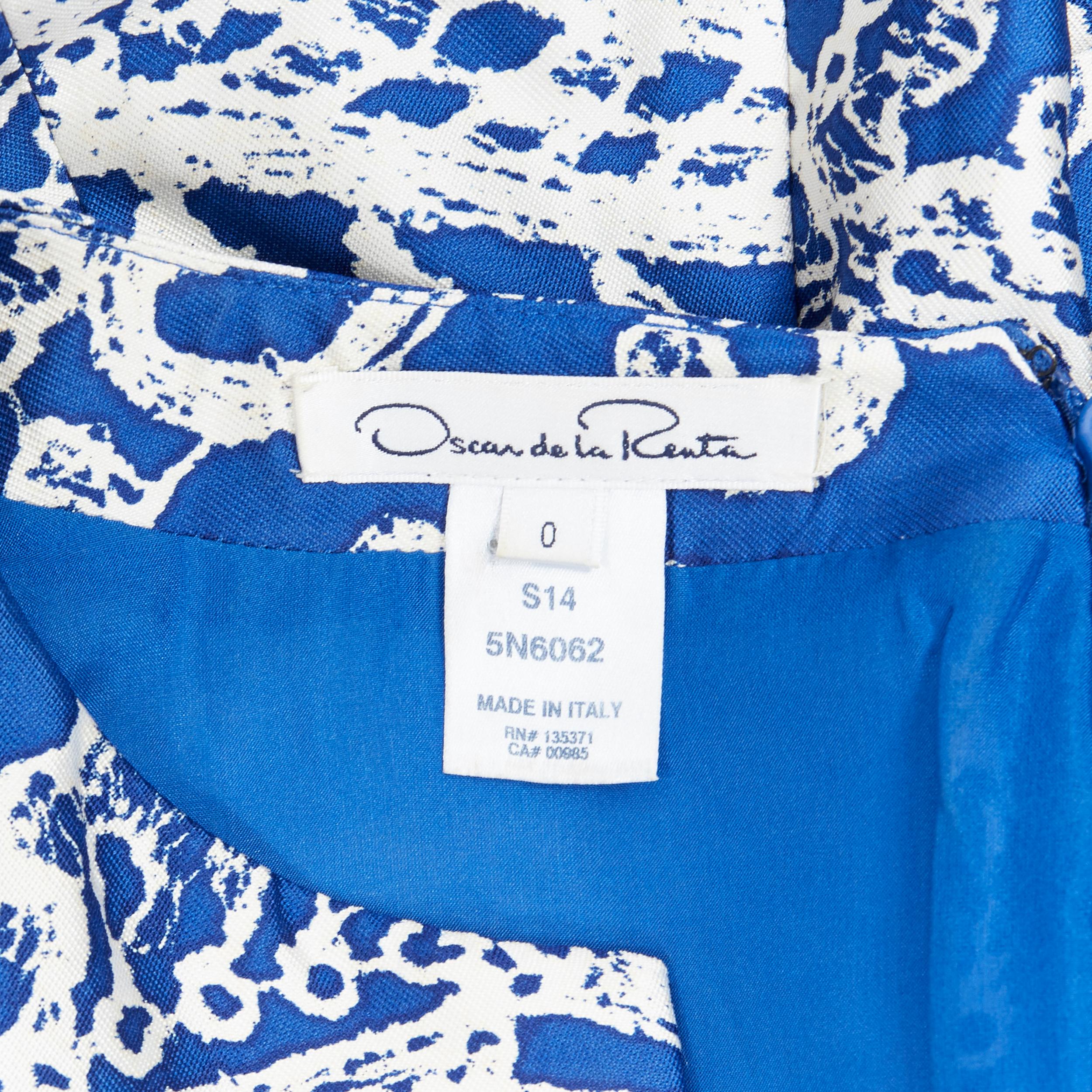 OSCAR DE LA RENTA SS14 blue white baroque print V-neck dual pocket dress US0 XS 6