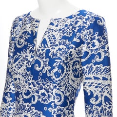 OSCAR DE LA RENTA SS14 blue white baroque print V-neck dual pocket dress US0 XS