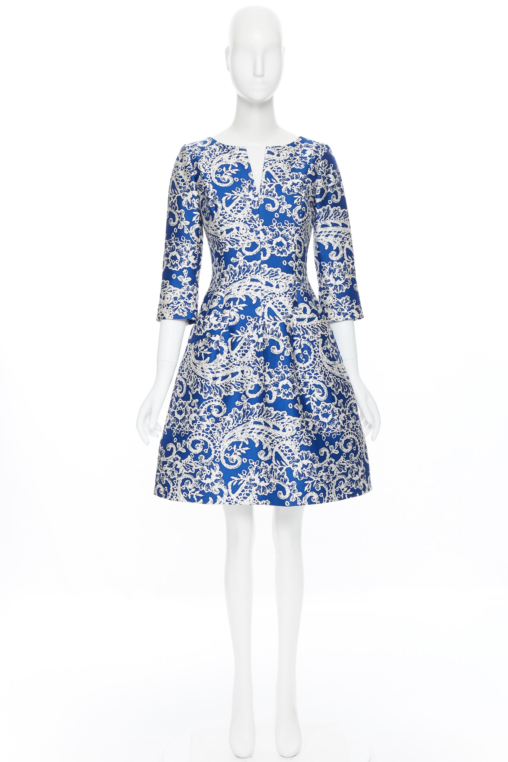 Gray OSCAR DE LA RENTA SS14 blue white baroque print V-neck dual pocket dress US0 XS