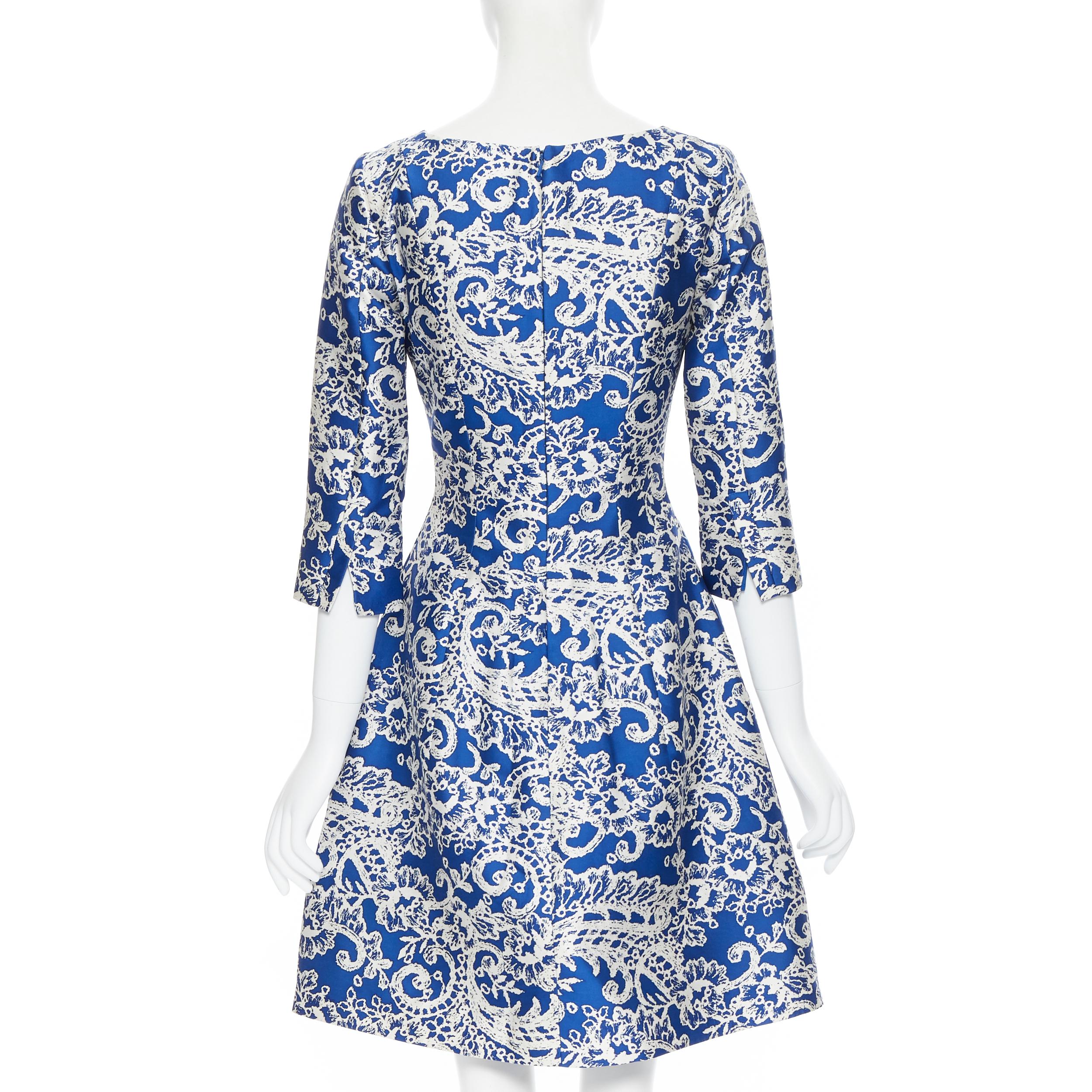OSCAR DE LA RENTA SS14 blue white baroque print V-neck dual pocket dress US0 XS 2