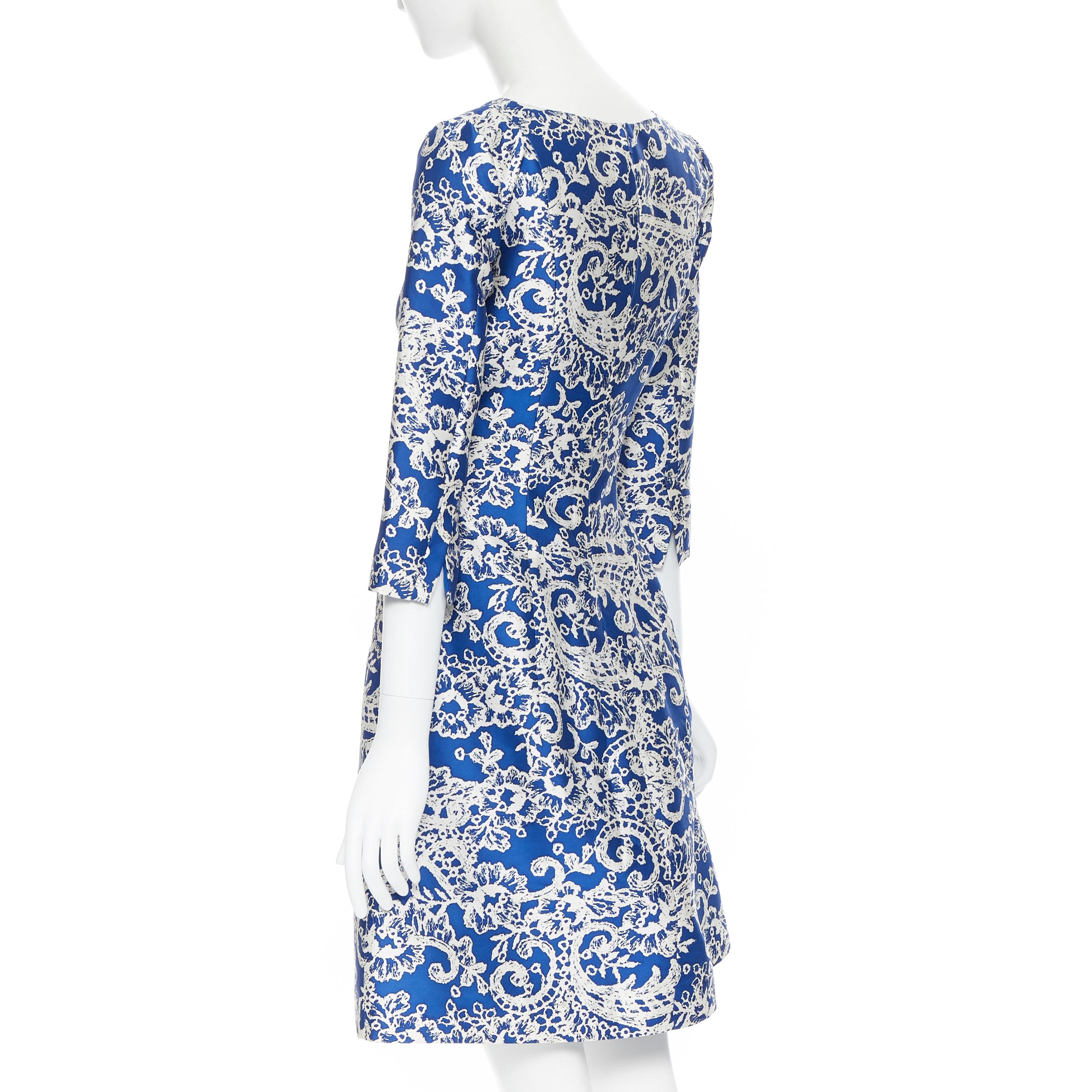 OSCAR DE LA RENTA SS14 blue white baroque print V-neck dual pocket dress US0 XS 3
