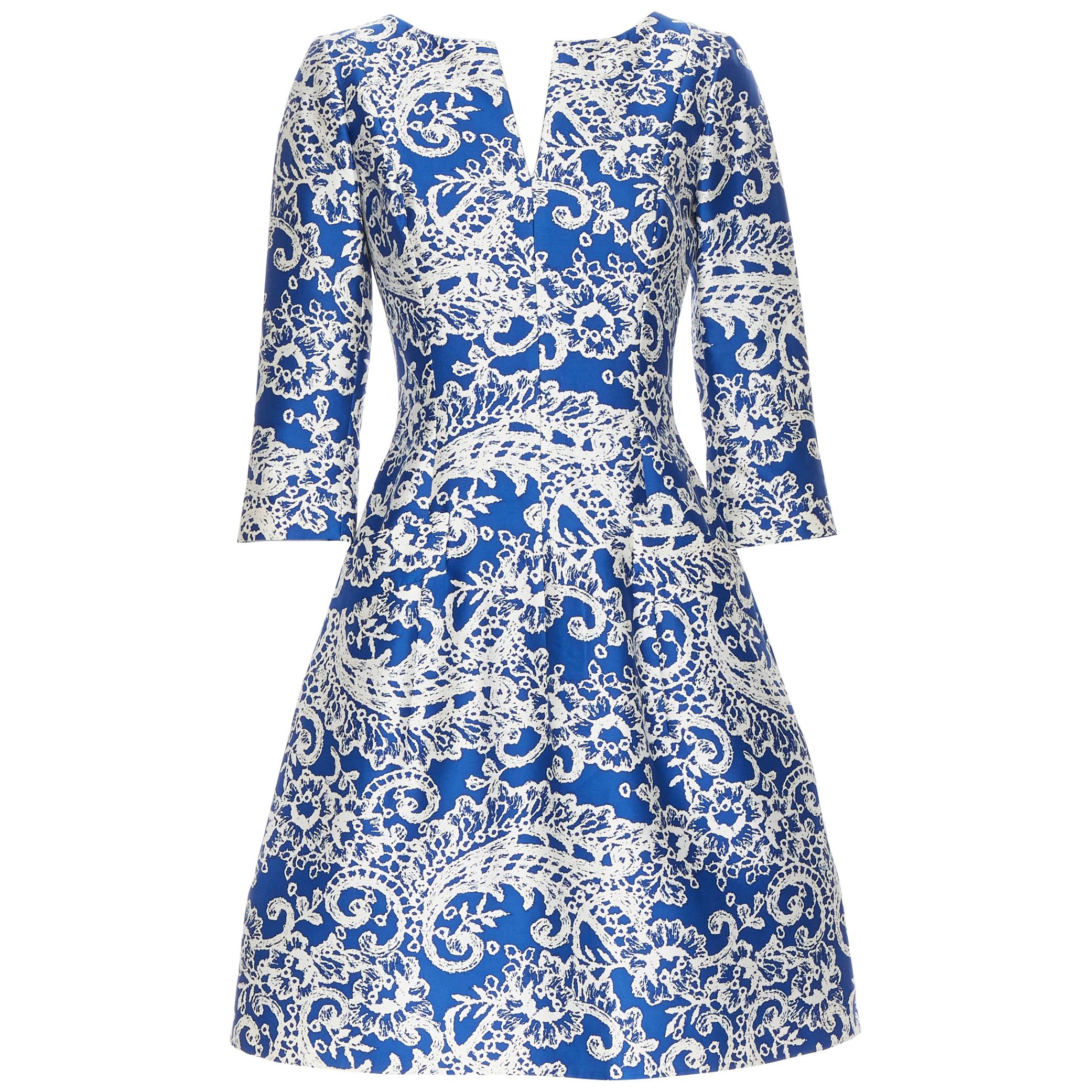 OSCAR DE LA RENTA SS14 blue white baroque print V-neck dual pocket dress US0 XS