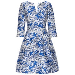 OSCAR DE LA RENTA SS14 blue white baroque print V-neck dual pocket dress US0 XS