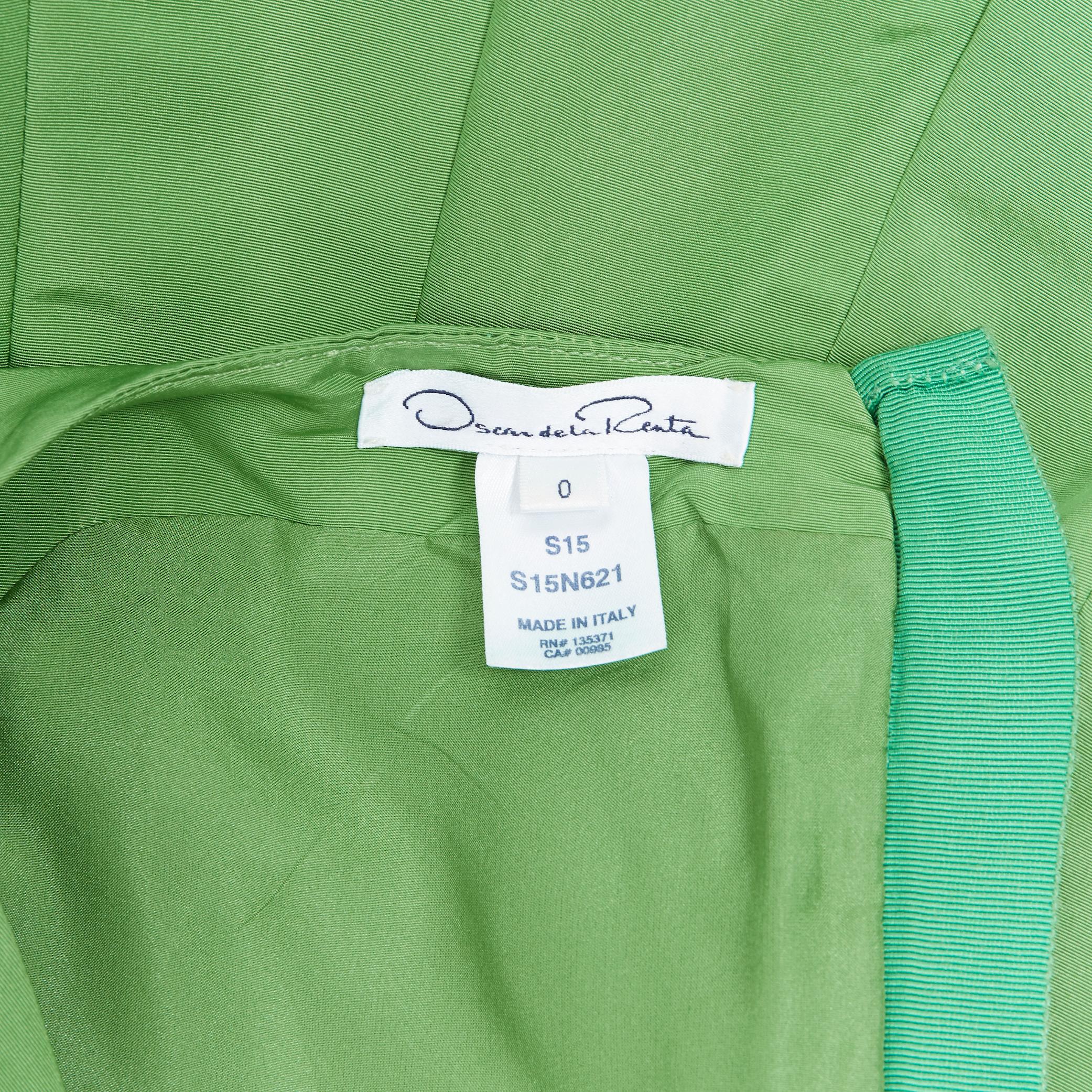 OSCAR DE LA RENTA SS15 green silk dipped neckline belted fit flare dress US0 XS 6