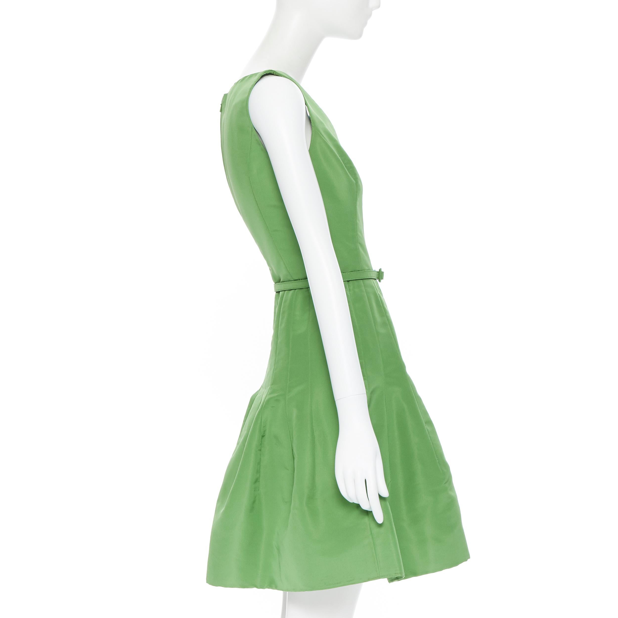 Women's OSCAR DE LA RENTA SS15 green silk dipped neckline belted fit flare dress US0 XS