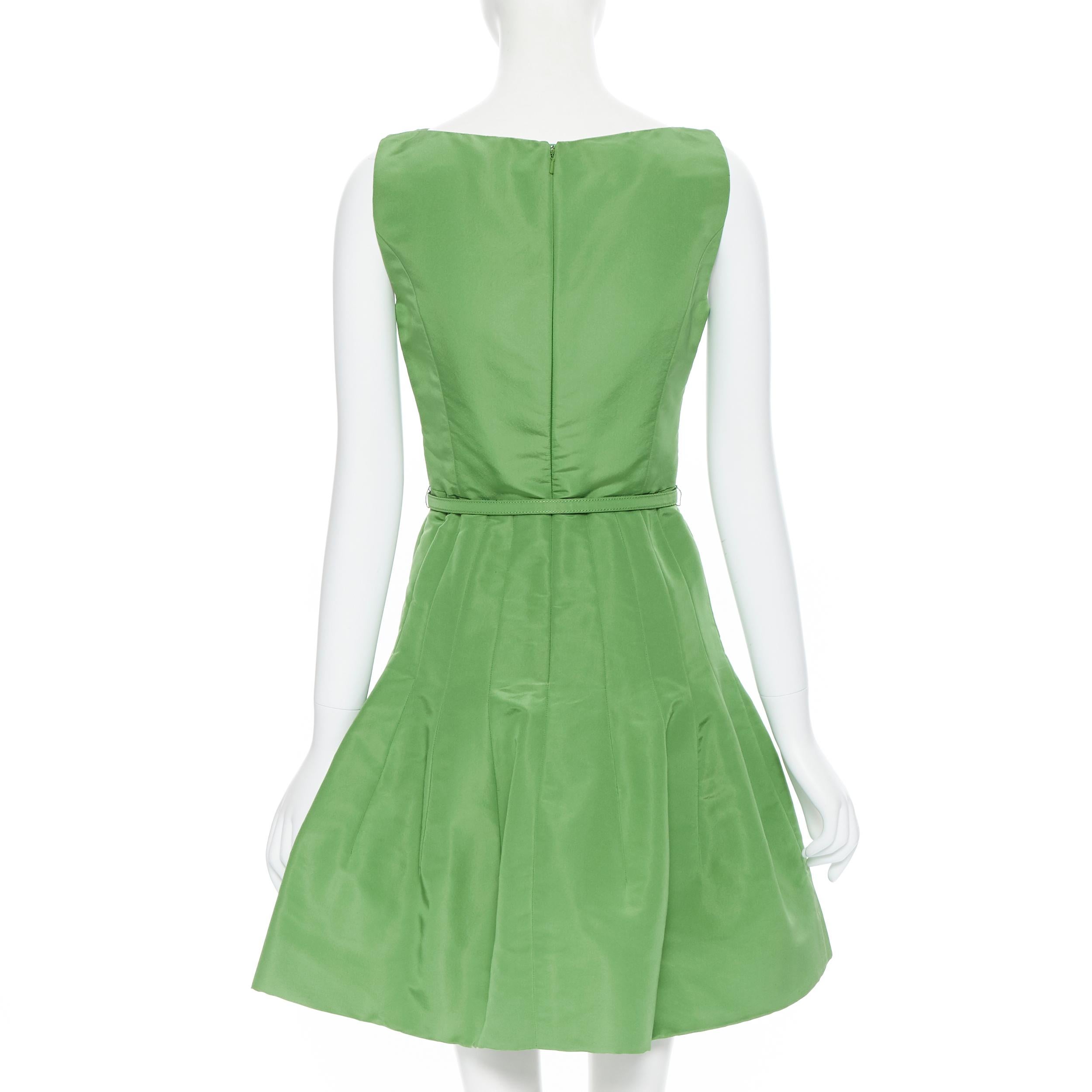 OSCAR DE LA RENTA SS15 green silk dipped neckline belted fit flare dress US0 XS 1