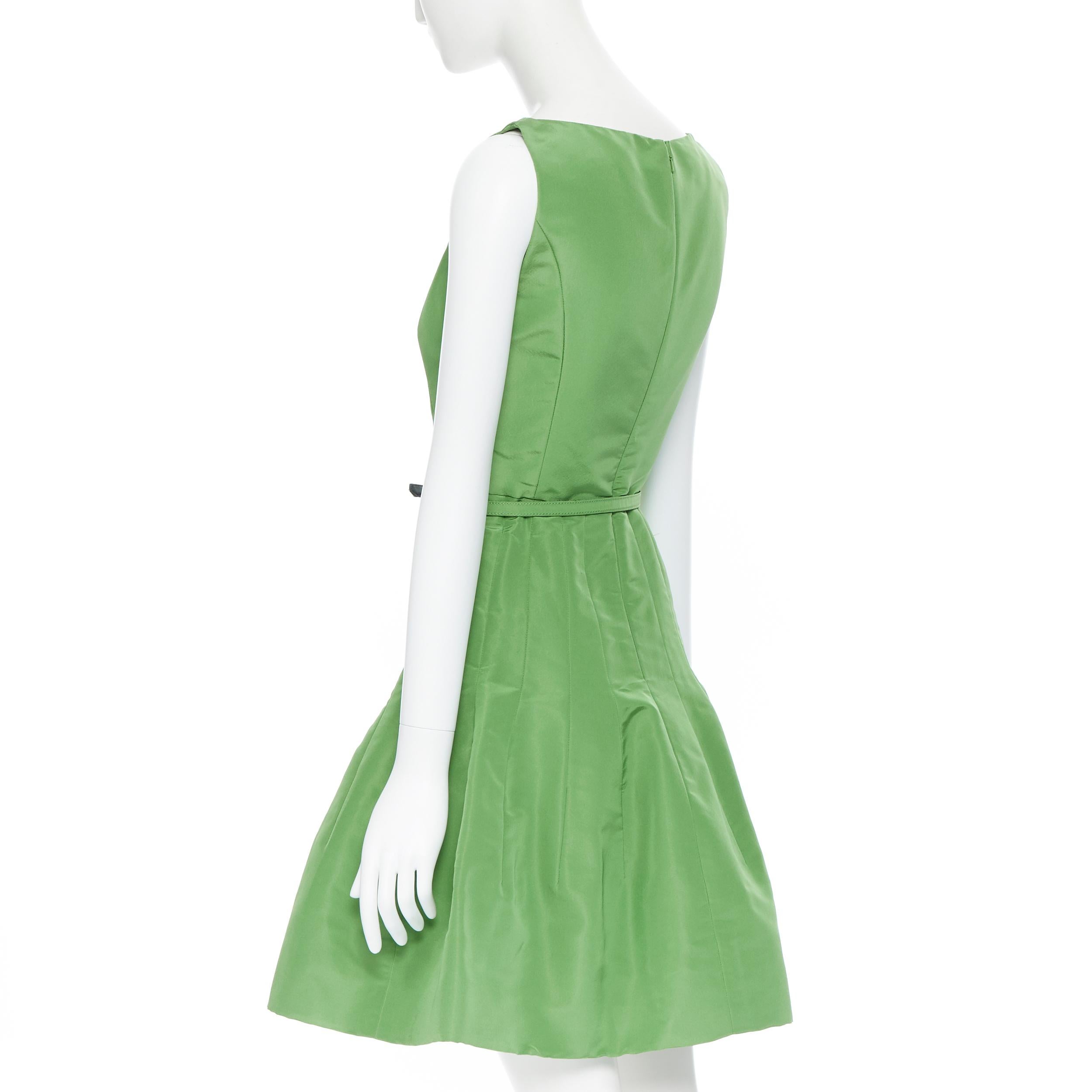 OSCAR DE LA RENTA SS15 green silk dipped neckline belted fit flare dress US0 XS 2