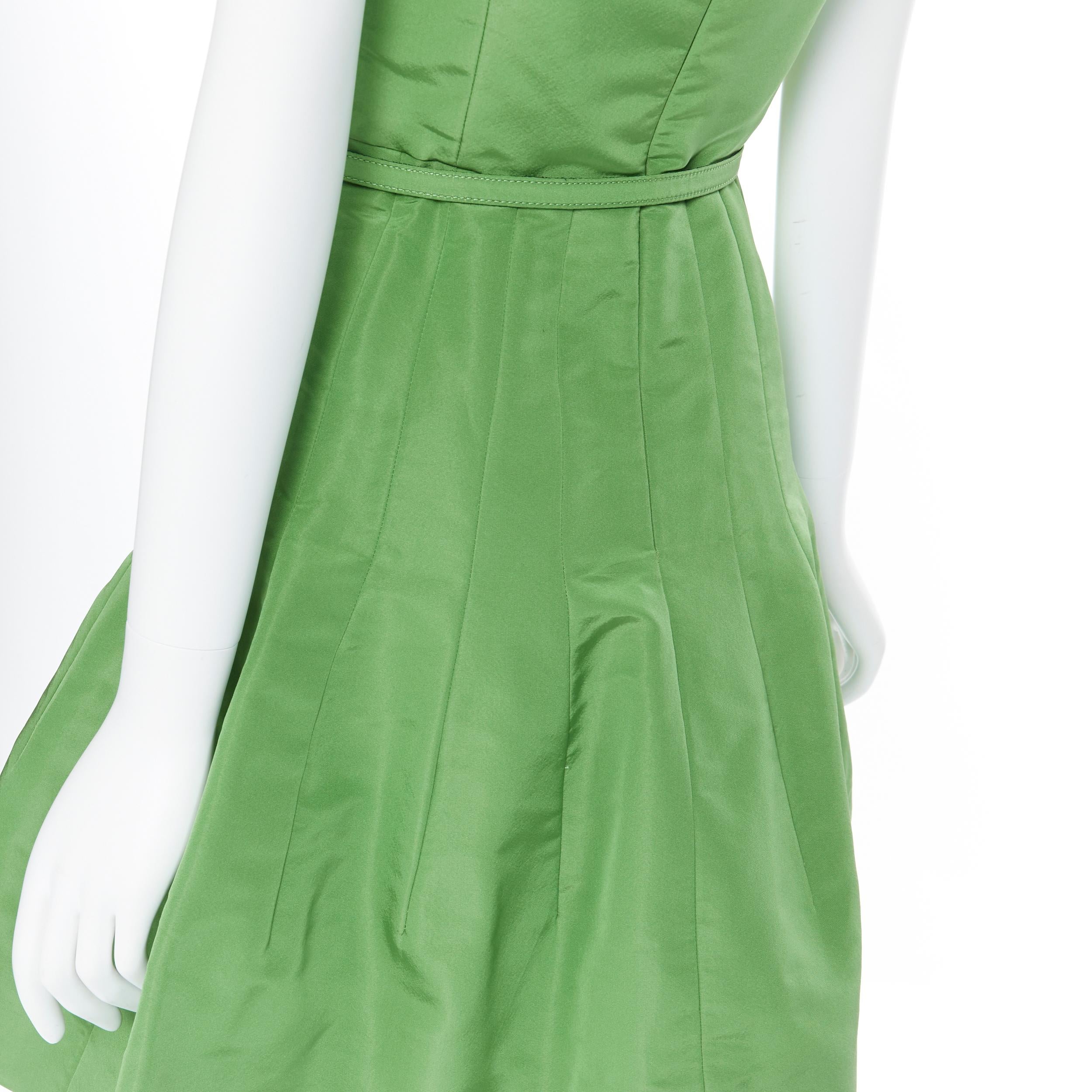 OSCAR DE LA RENTA SS15 green silk dipped neckline belted fit flare dress US0 XS 3