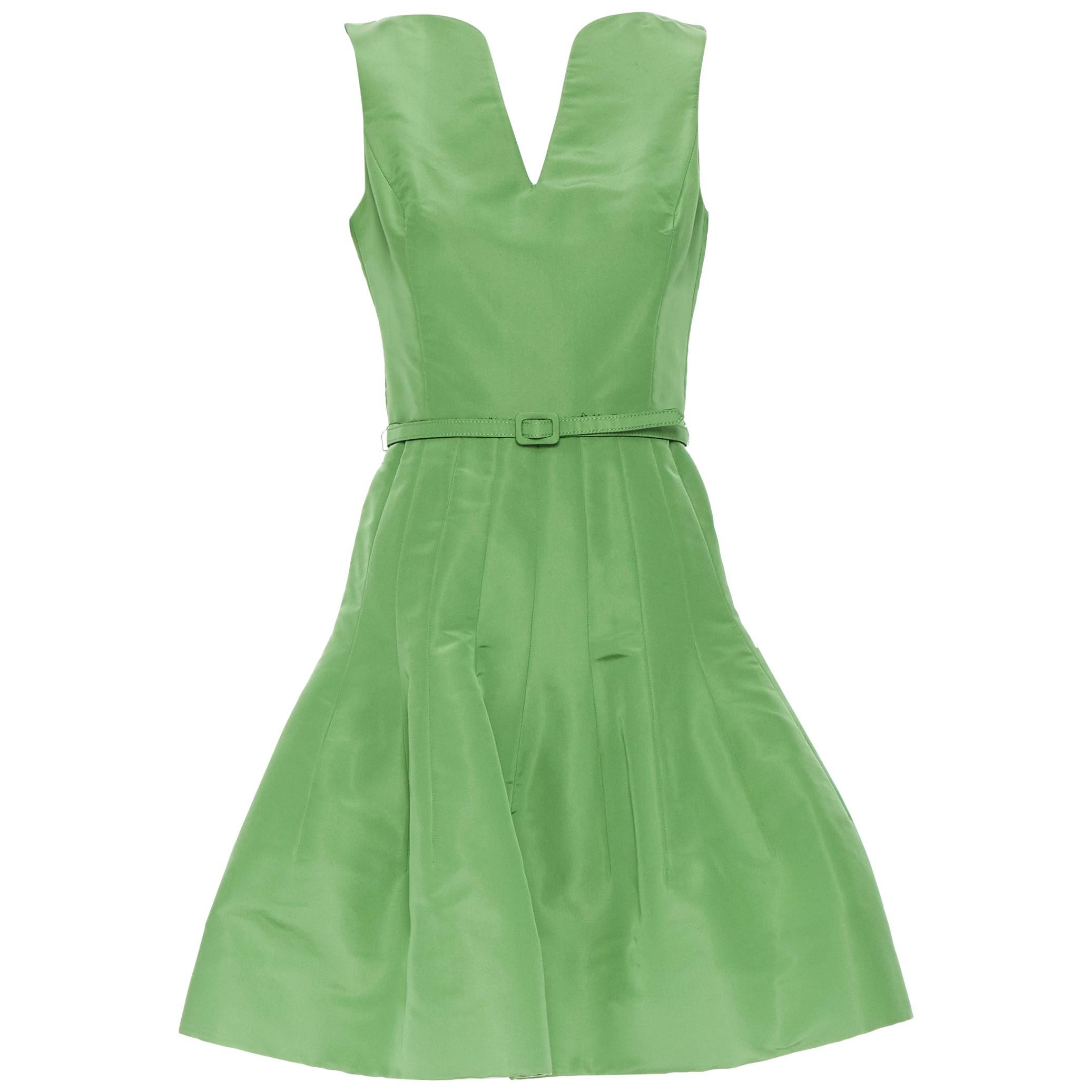 OSCAR DE LA RENTA SS15 green silk dipped neckline belted fit flare dress US0 XS