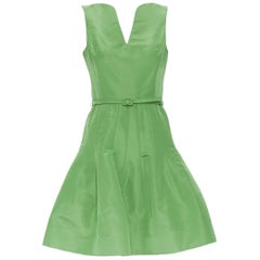 OSCAR DE LA RENTA SS15 green silk dipped neckline belted fit flare dress US0 XS