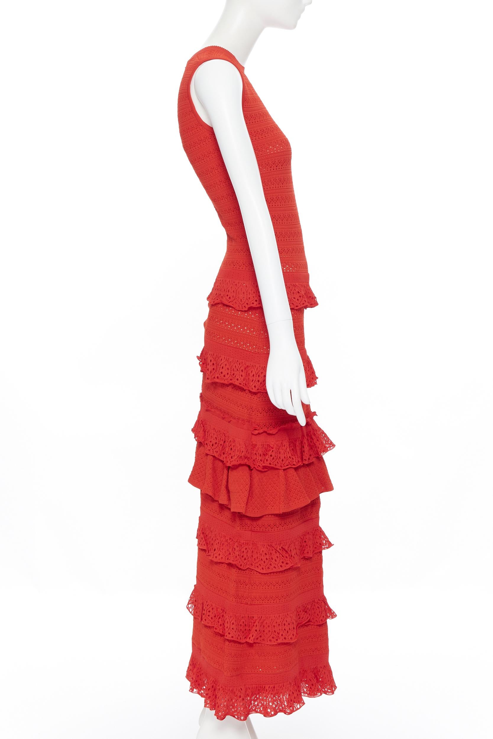 Red OSCAR DE LA RENTA SS17 red knitted tiered ruffle trimevening gown dress XS