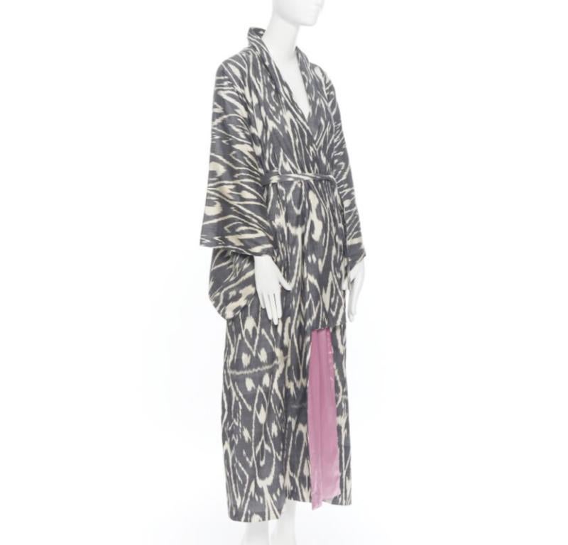 OSCAR DE LA RENTA SS19 Runway brown black leopard pink silk lined kimono L For Sale 1