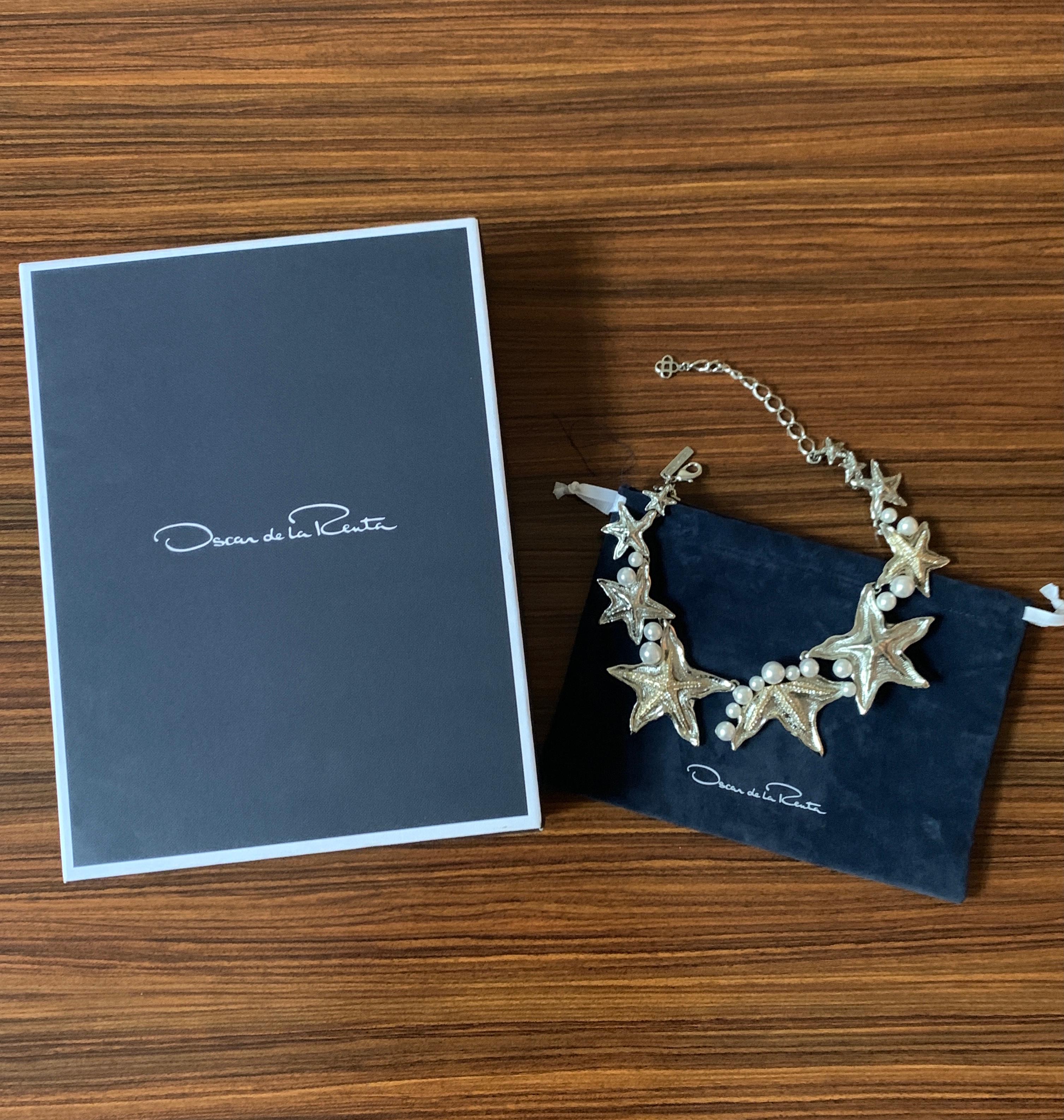 Oscar de la Renta Starfish Necklace in Silver and Gold Tone with Faux Pearls For Sale 1