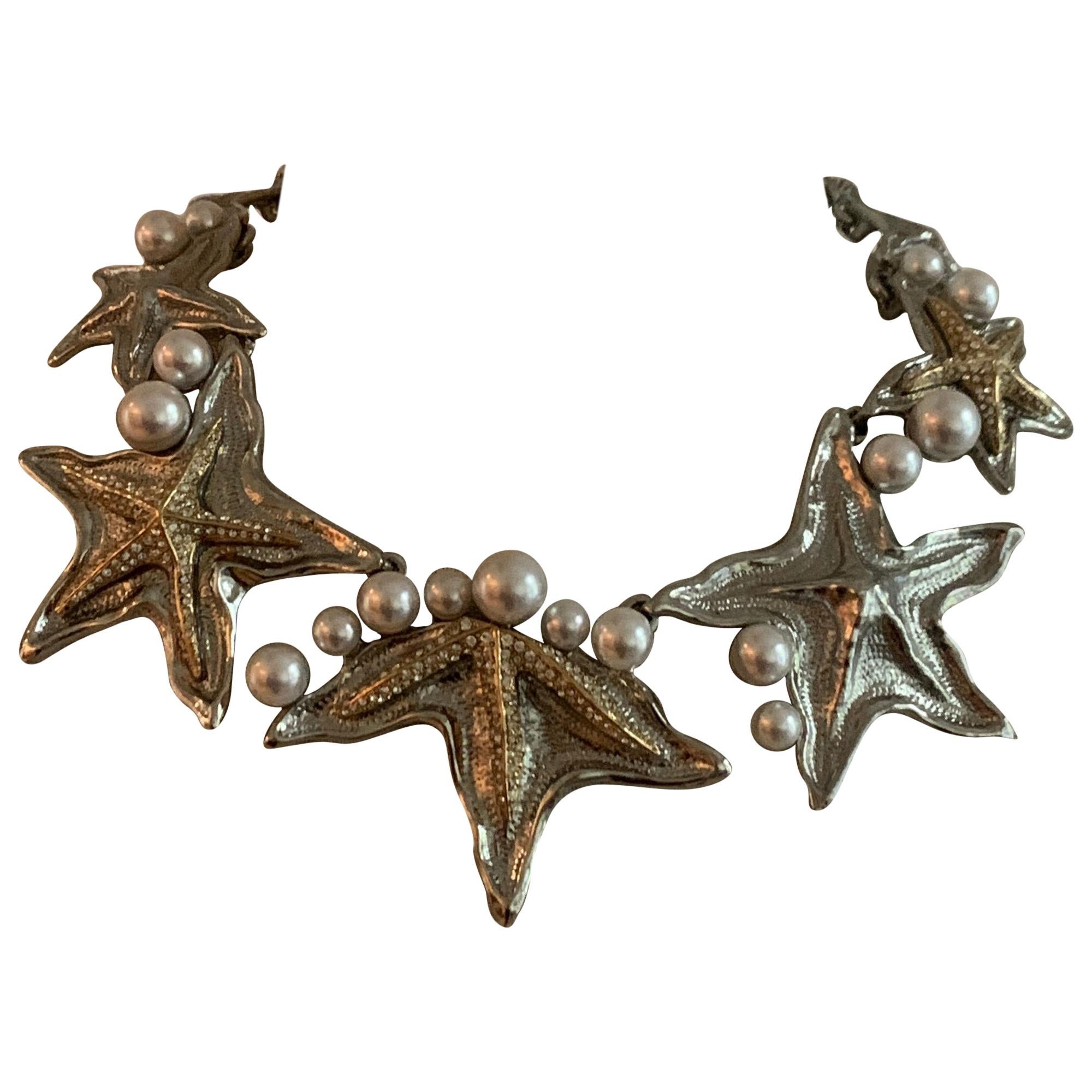 Oscar de la Renta Starfish Necklace in Silver and Gold Tone with Faux Pearls For Sale