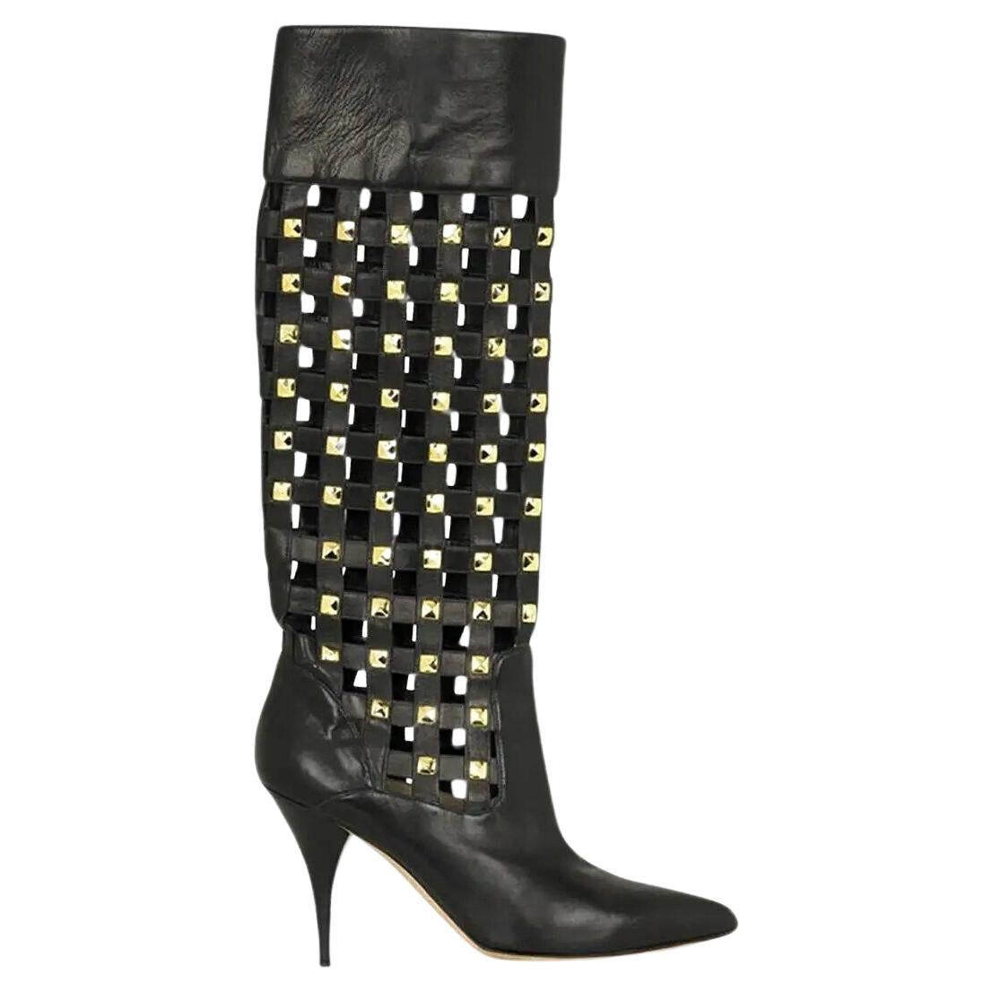 OSCAR de la RENTA Studded Cage Black Leather Boots NWT For Sale
