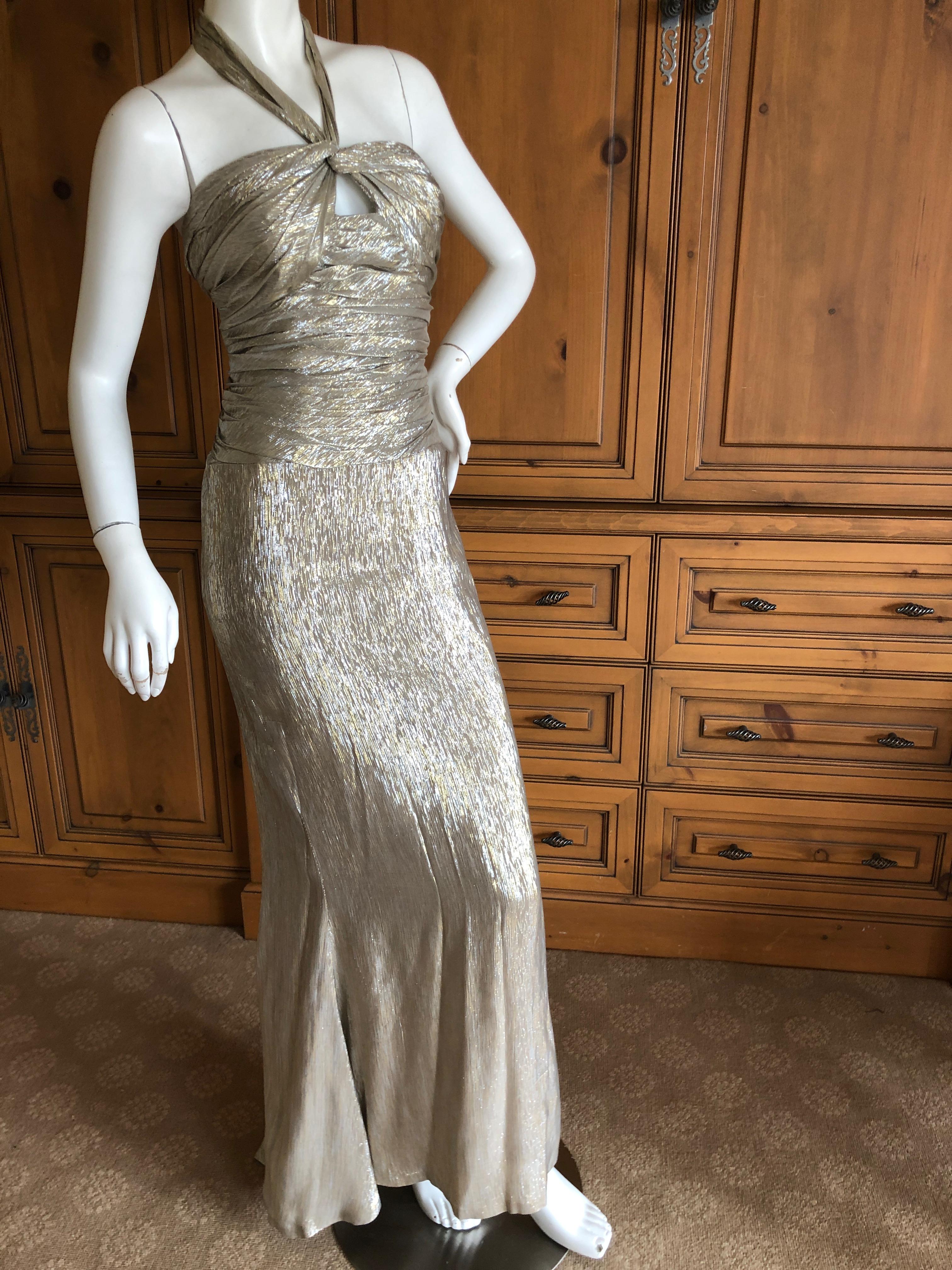 Gray Oscar de la Renta Stunning Metallic Silk Halter Style w Keyhole Evening Dress  For Sale