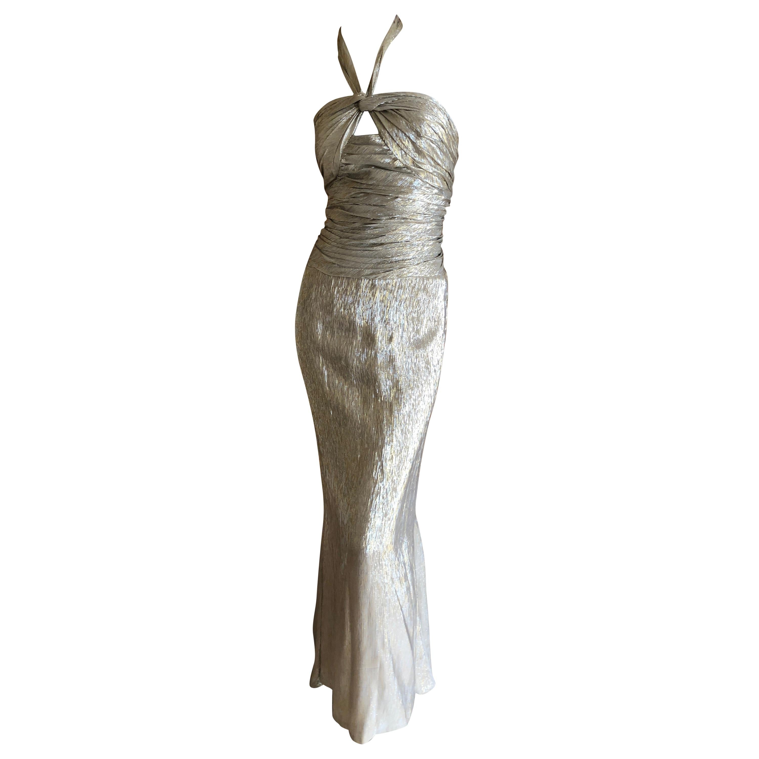 Oscar de la Renta Stunning Metallic Silk Halter Style w Keyhole Evening Dress  For Sale