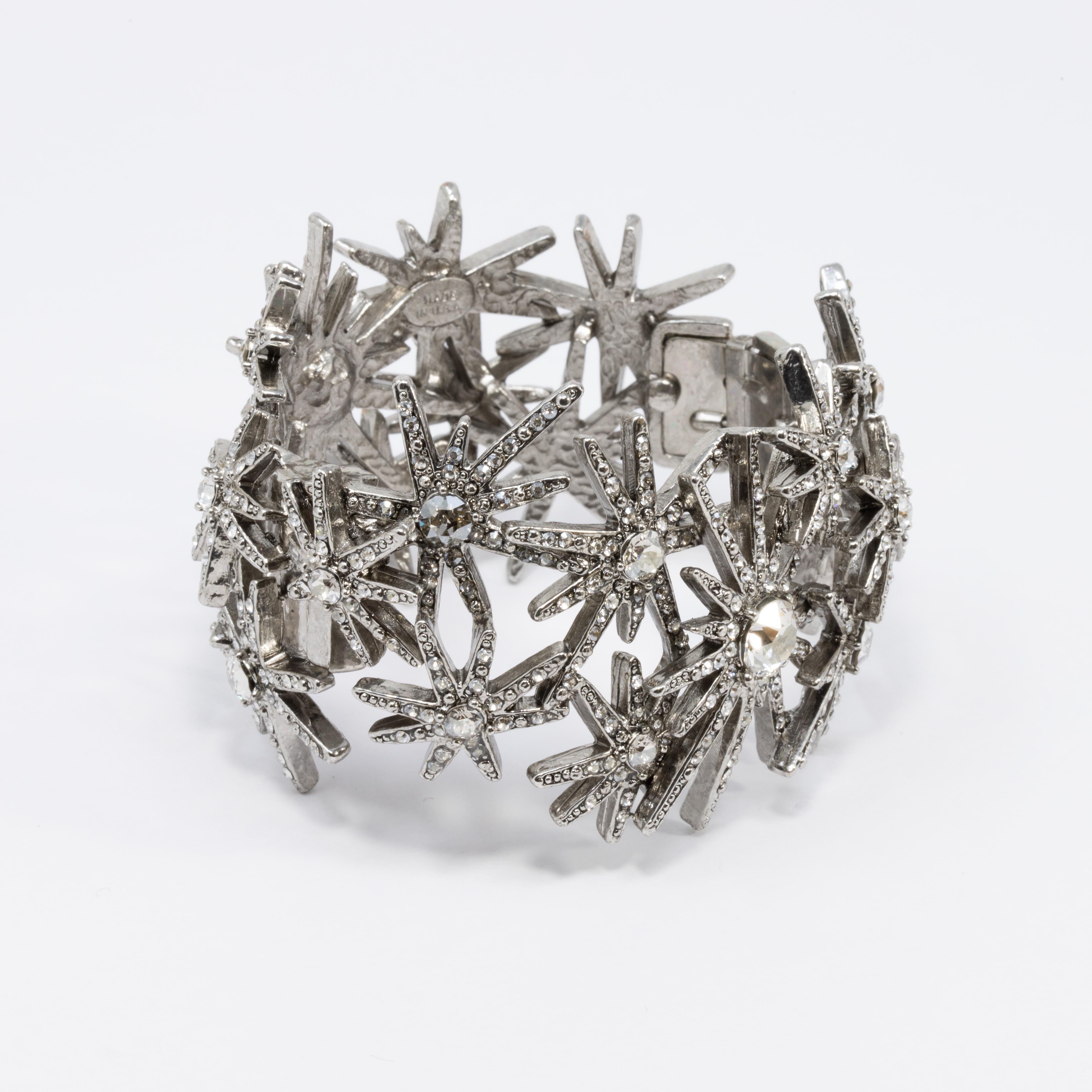 Oscar de la Renta Swarovski Crystal Fireworks Motif Statement Bracelet in Silver In New Condition In Milford, DE
