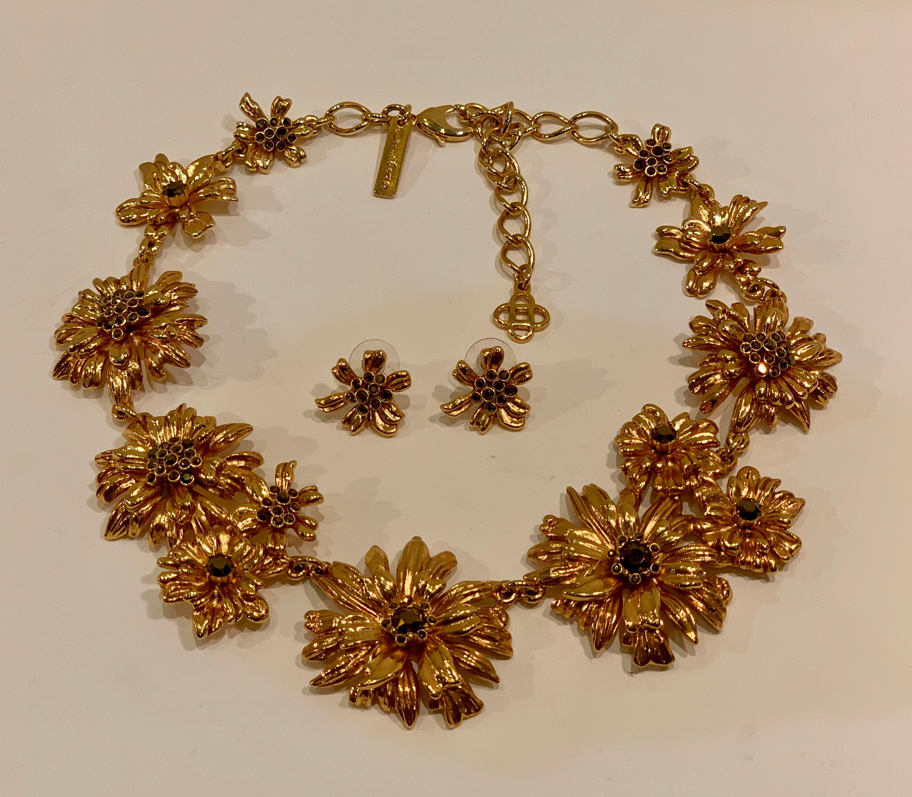 Oscar de la Renta Swarovski Crystal Flower Collar Necklace and Matching Earrings 7