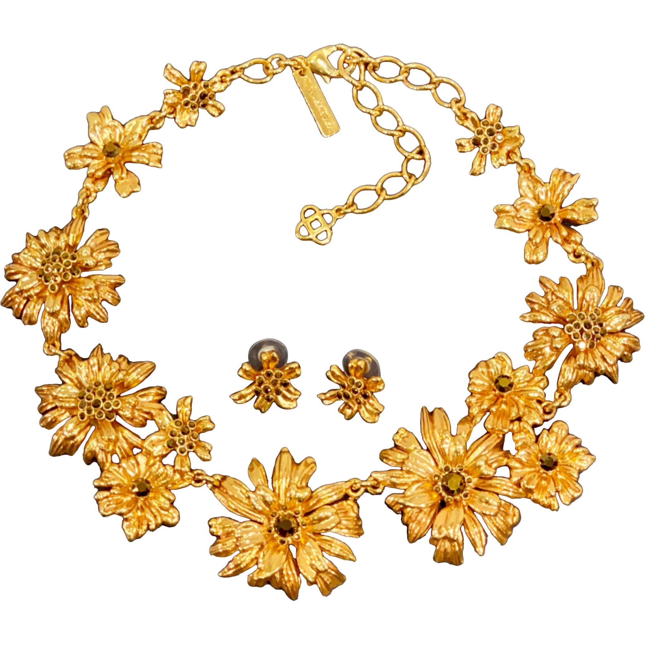 Oscar de la Renta Swarovski Crystal Flower Collar Necklace and Matching Earrings