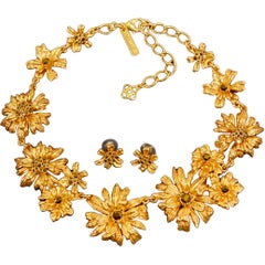 Oscar de la Renta Swarovski Crystal Flower Collar Necklace and Matching Earrings