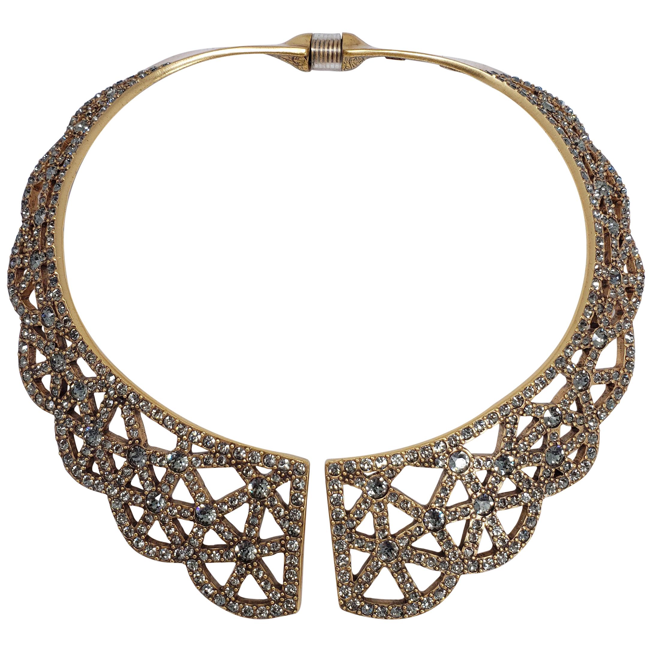 Oscar de la Renta Swarovski Smoky Gray Crystal Collar Necklace In Gold