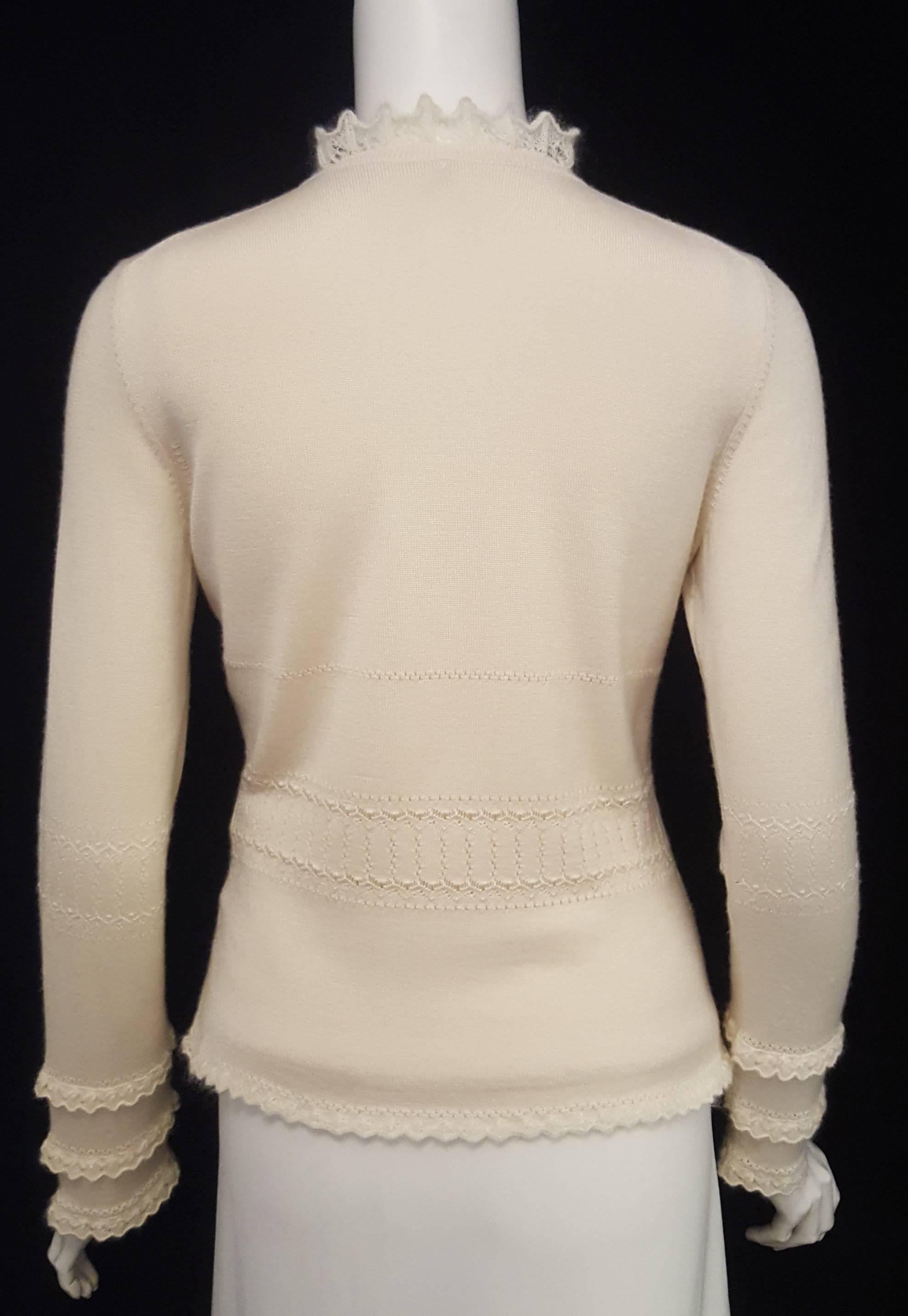 Beige Oscar de la Renta Sweater Set w/ Faux Pearl Buttons & Ruffles Size Medium