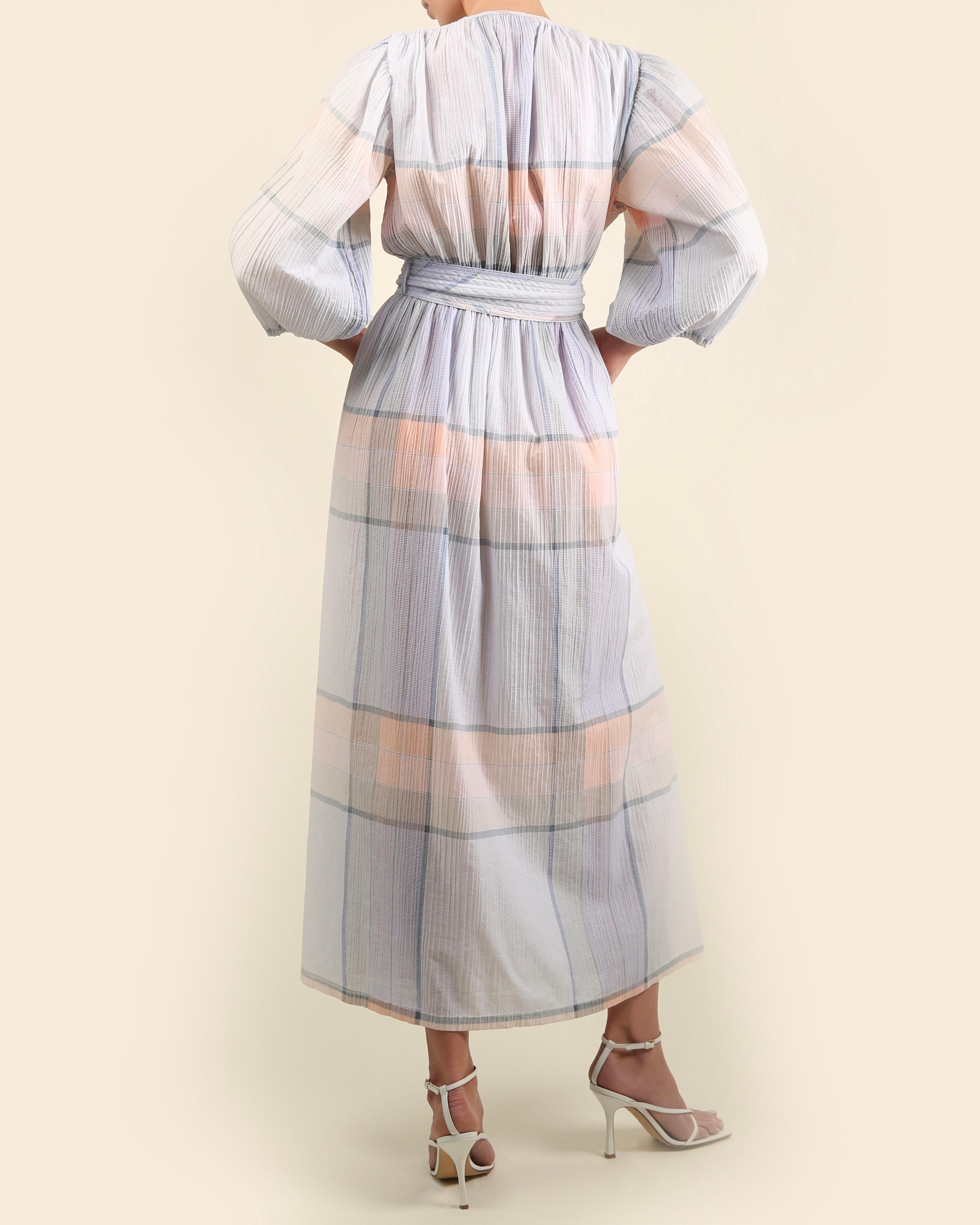 Oscar de la Renta vintage puff sleeve prairie plisse wrap belted maxi dress robe For Sale 4