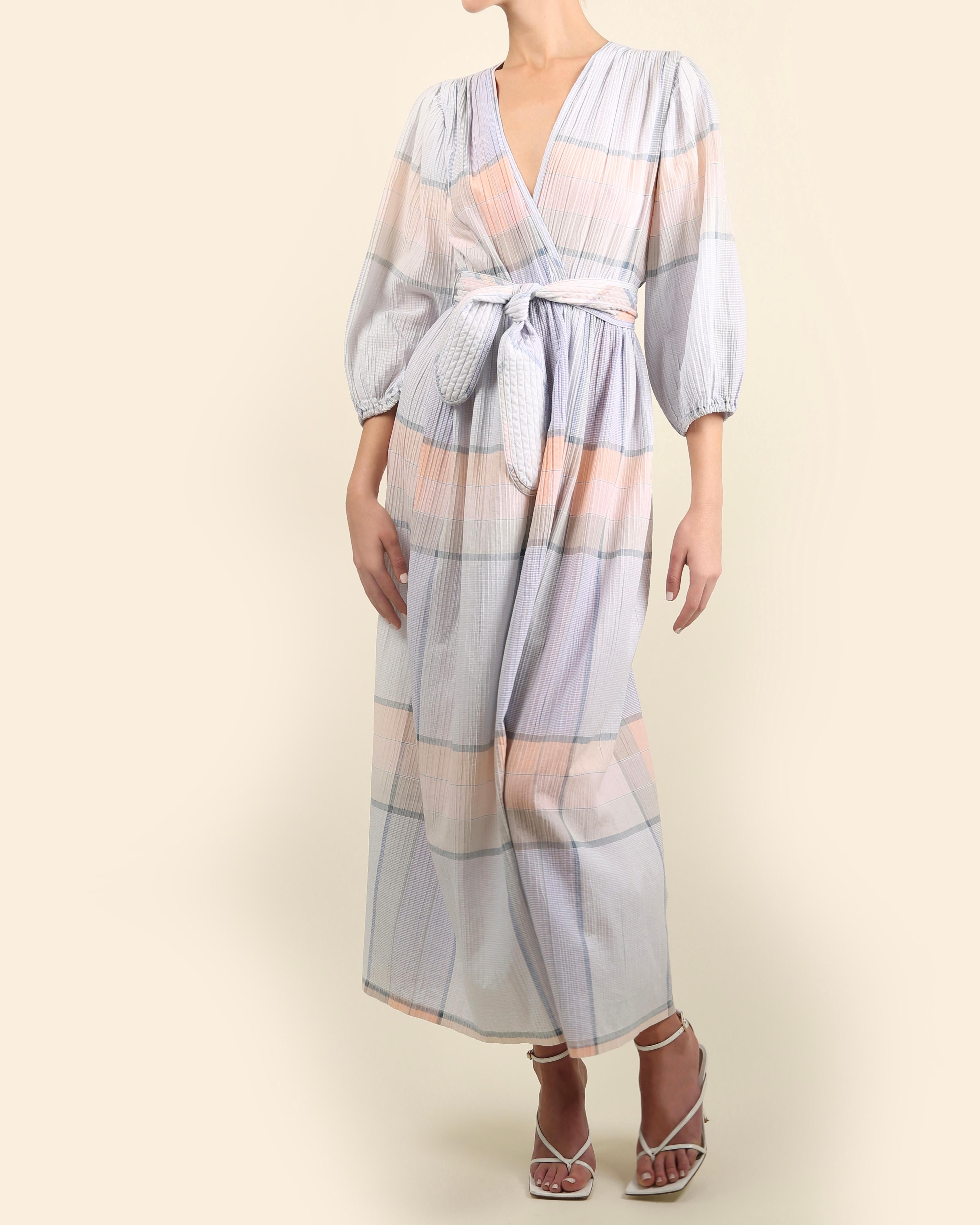 Gray Oscar de la Renta vintage puff sleeve prairie plisse wrap belted maxi dress robe For Sale