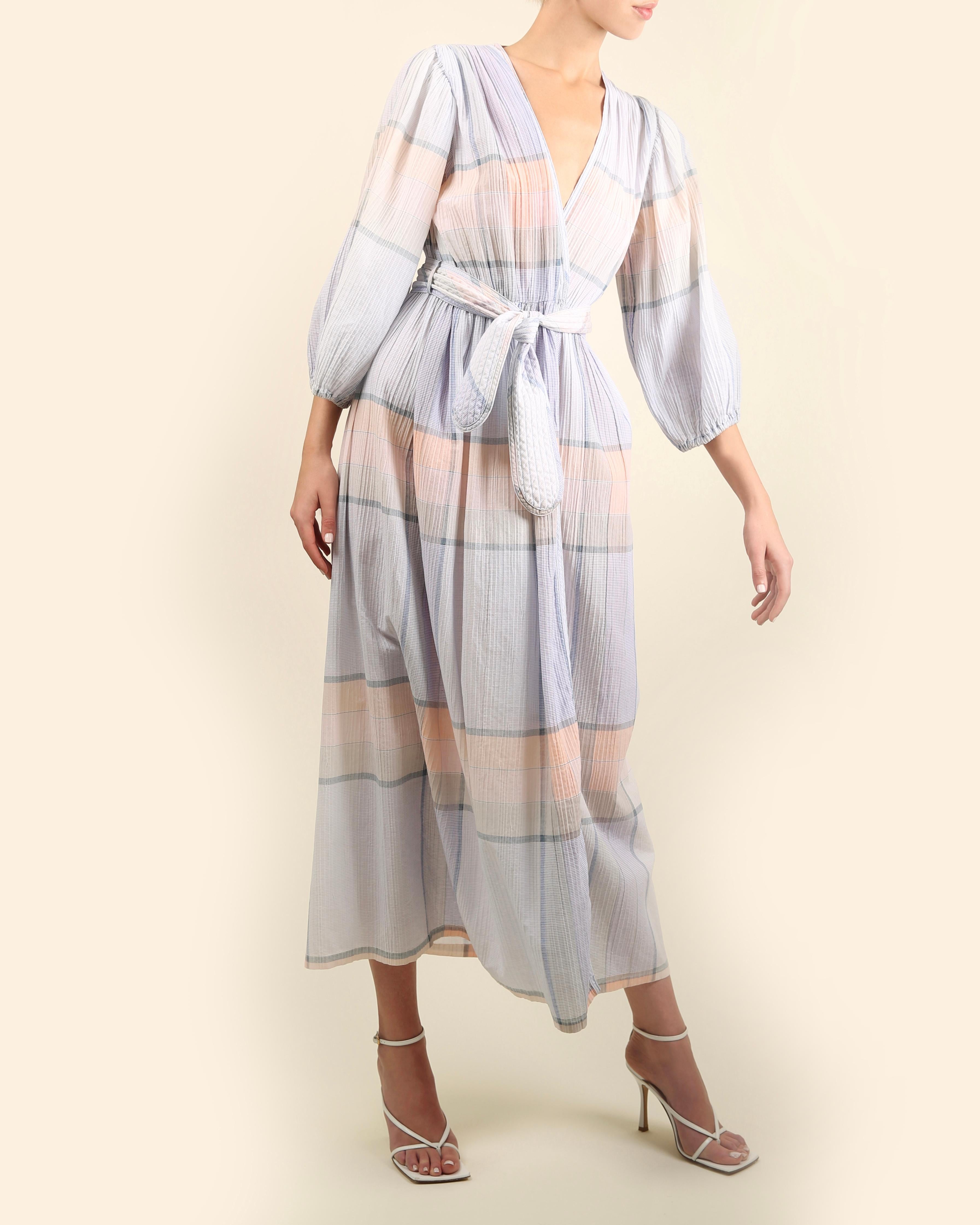 Oscar de la Renta vintage puff sleeve prairie plisse wrap belted maxi dress robe In Good Condition For Sale In Paris, FR