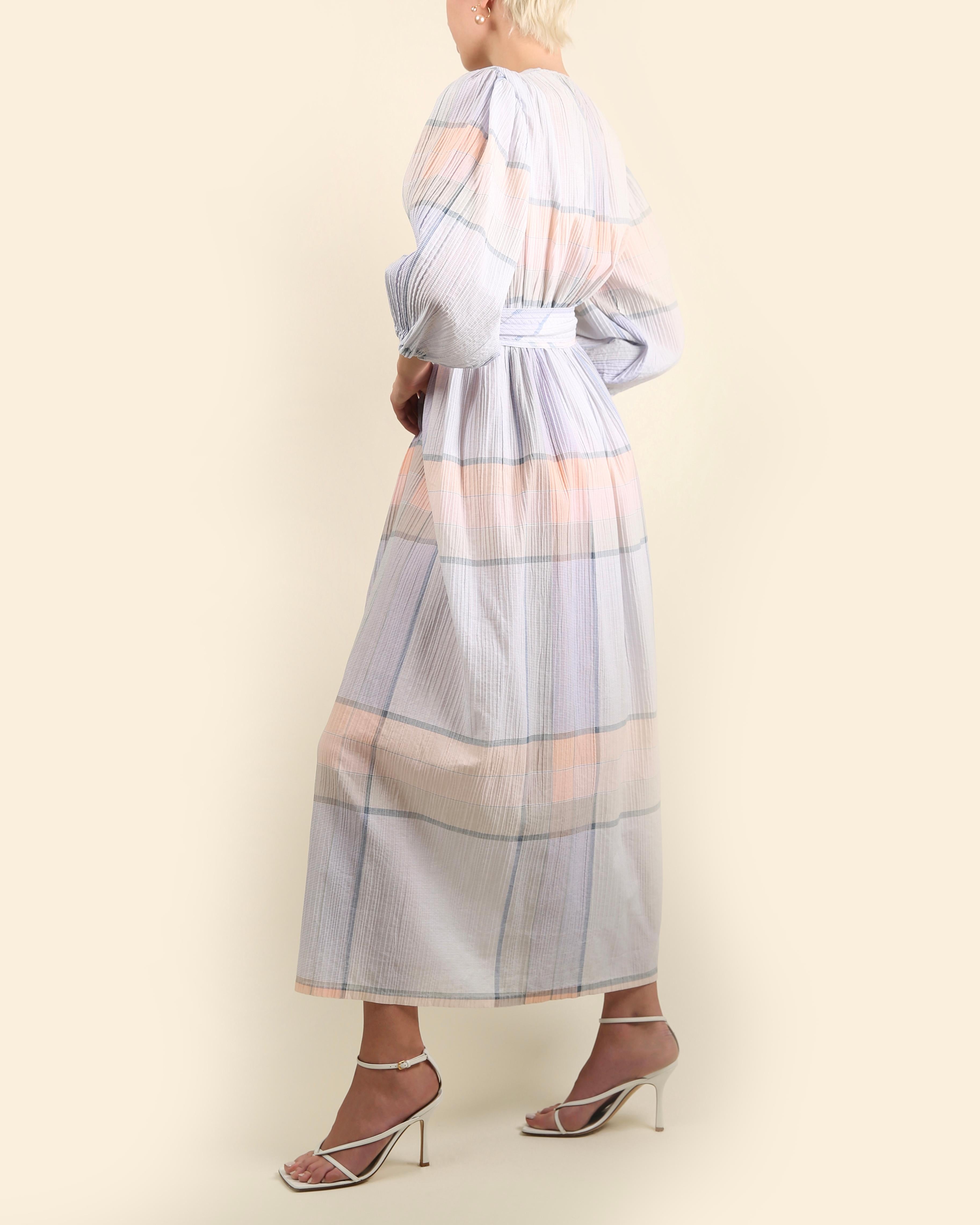 Women's Oscar de la Renta vintage puff sleeve prairie plisse wrap belted maxi dress robe For Sale